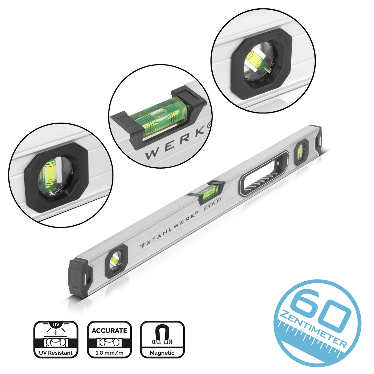 STAHLWERK Wasserwaage W-600 ST aus Aluminium mit 600 mm Länge magnetische Richtwaage | Magnet-Wasserwaage | Aluminium-Wasserwaage