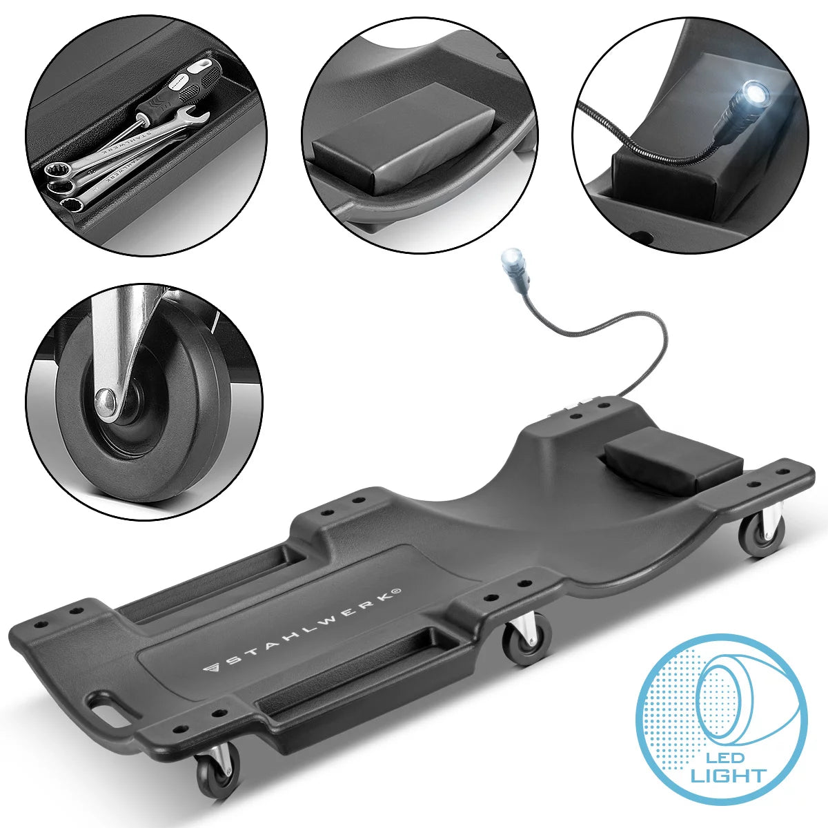 Steelworks CAR ROLLERBOARD RCL-40 ST con luz LED integrada, capacidad de carga de 500 kg y 6 rodillos móviles, tablero de rollo de ensamblaje | Salón de montaje | Taller Troll Board | Taller tumbonal hecho de plástico robusto