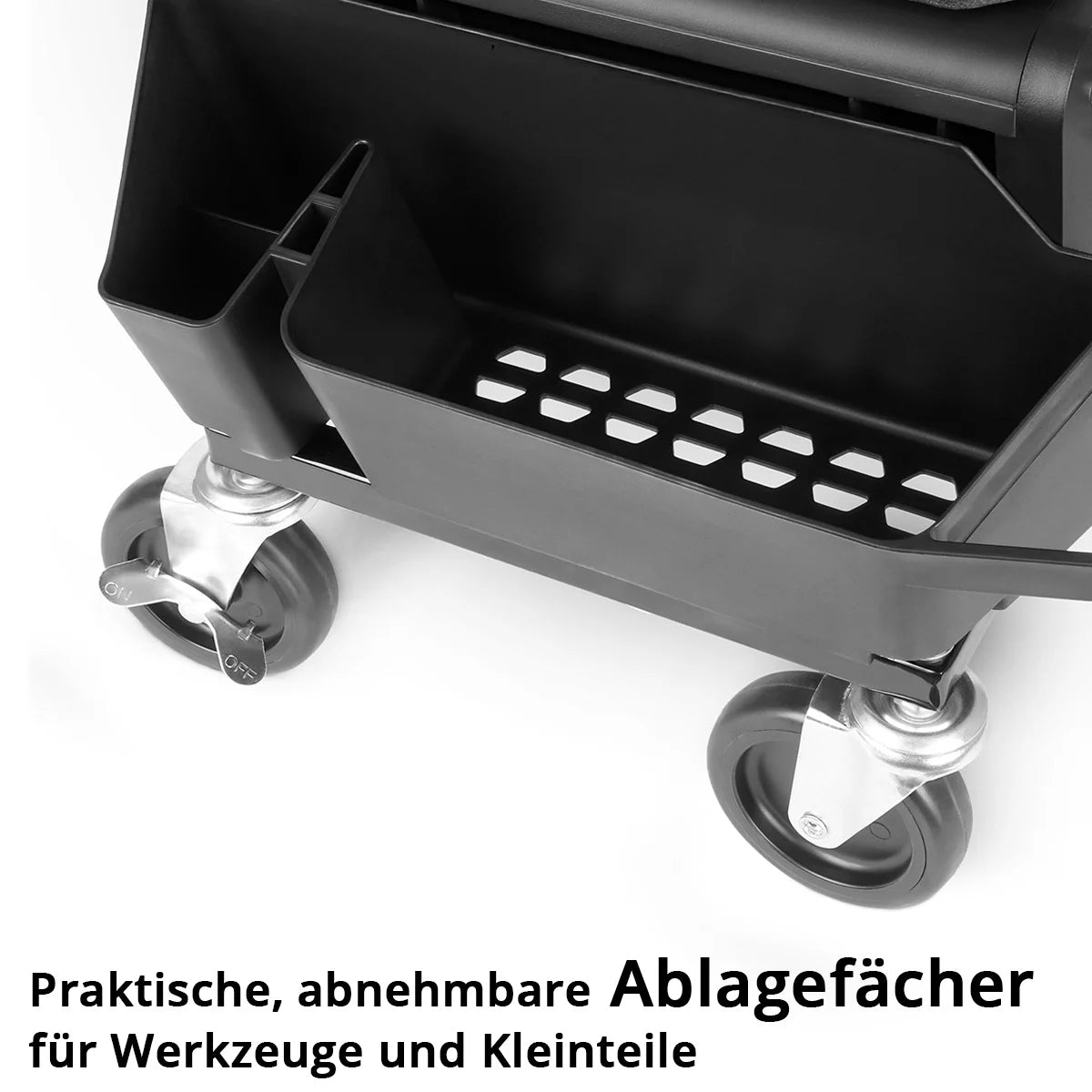 STAHLWERK Werkstatthocker MMH-135 ST | Rollbarer Werkstattsitz mit Schublade und Seitenfächern | Mechaniker-Sitz mit 4 Lenkrollen | Abnehmbares Sitzpolster als Knieschutz | Rollhocker für Werkstatt