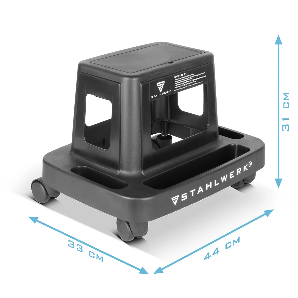 Taburete de taller STAHLWERK MWH-135 ST | Capacidad de carga de 135 kg | Asiento de taller enrollable con ruedas giratorias y compartimento interior | Silla de taller ligera | Robusto taburete de taller con ruedas y huecos para guardar cosas