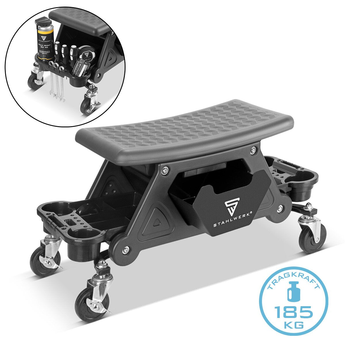 STAHLWERK Werkstatthocker WRS-185 mit 185 kg Tragkraft Werkstattsitz | Werkstattstuhl | Rollhocker | Werkstattrollsitz mit Schublade, Ablagefächern, Leichtlauf-Lenkrollen und Dosenhalter