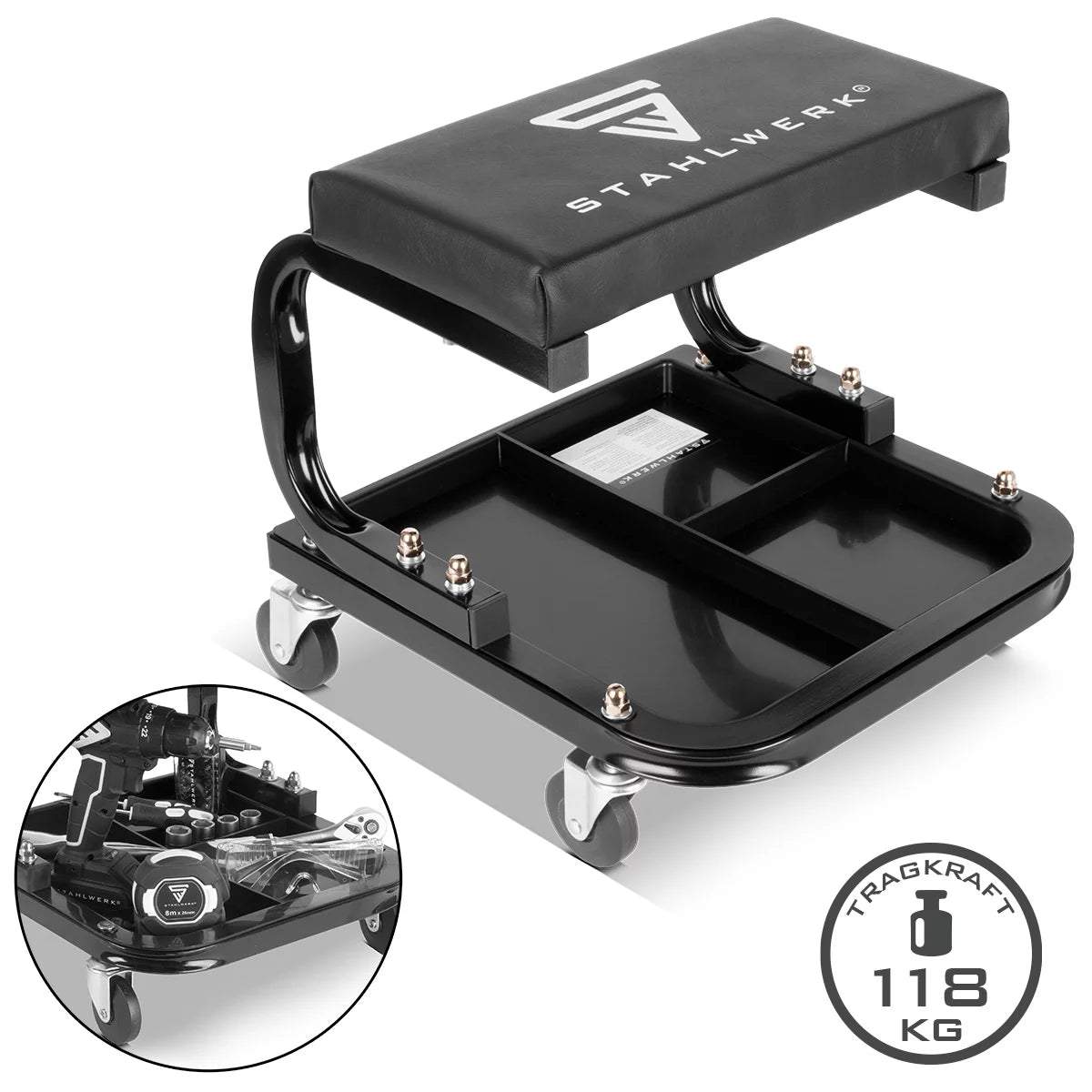 STAHLWERK Werkstatthocker MWH-118 ST | 118 kg Tragkraft |Rollbarer Werkstattsitz | Werkstattstuhl | Rollhocker | Arbeitshocker | Werkstattrollsitz mit Leichtlauf-Lenkrollen und Ablagemulden