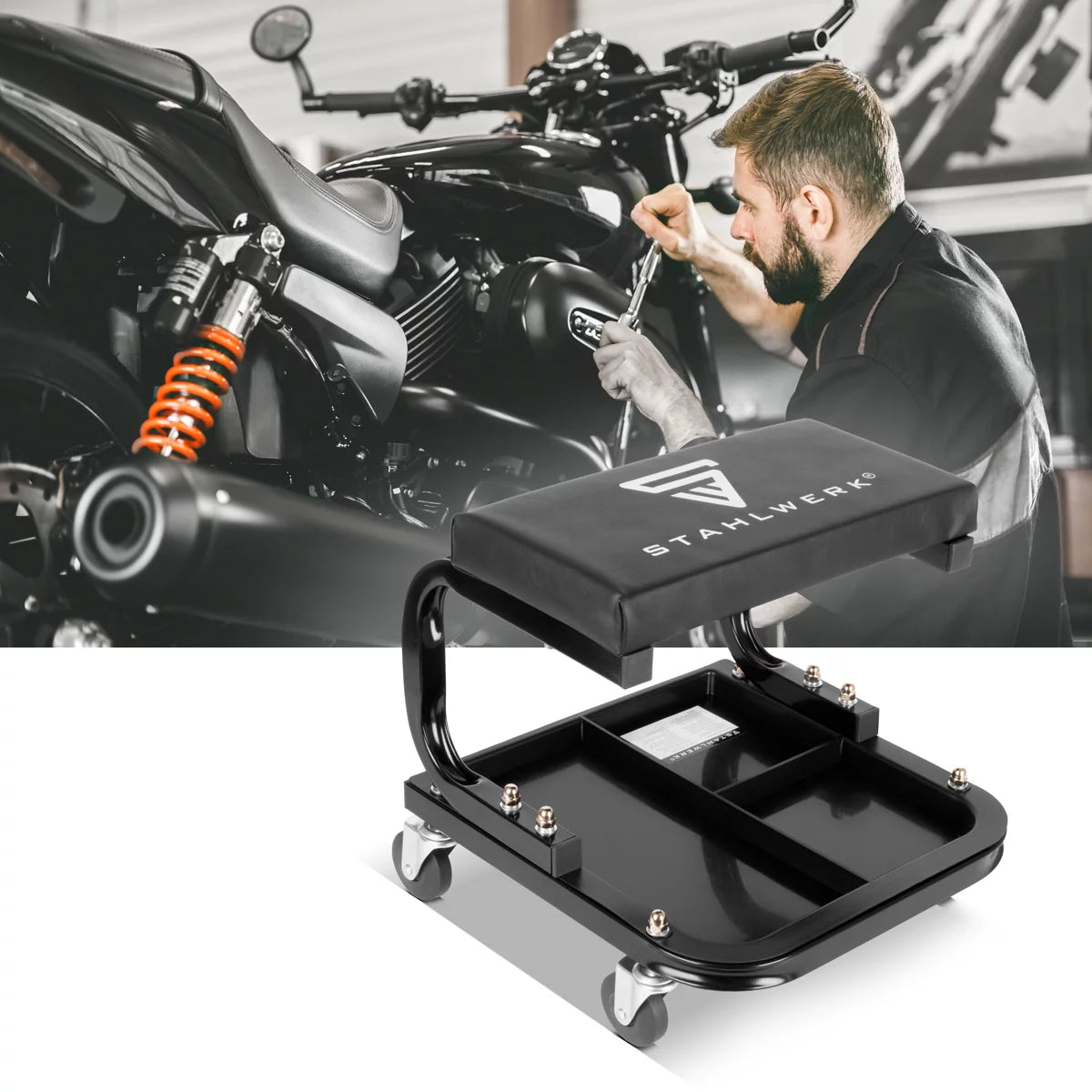 STAHLWERK Werkstatthocker MWH-118 ST | 118 kg Tragkraft |Rollbarer Werkstattsitz | Werkstattstuhl | Rollhocker | Arbeitshocker | Werkstattrollsitz mit Leichtlauf-Lenkrollen und Ablagemulden