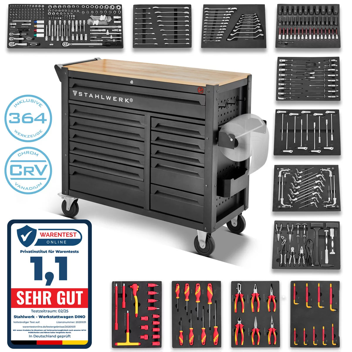 Auto in acciaio Workshop Dino dotato di 364 strumenti premium realizzati con auto strumento XXL a blocco del vanadio Chrome | Condotti di assemblaggio professionale con 12 cassetti e rulli di lunga vita gommati