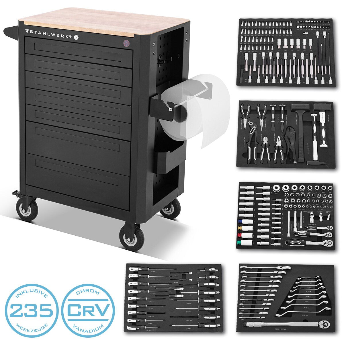 Stahlwerk Workshop Auto Crow dotato di 235 strumenti premium realizzati in auto per attrezzi a blocchi di chiusura Chrome Vanadio | Condotti di assemblaggio professionale con 7 cassetti e rulli di lunga vita gommati