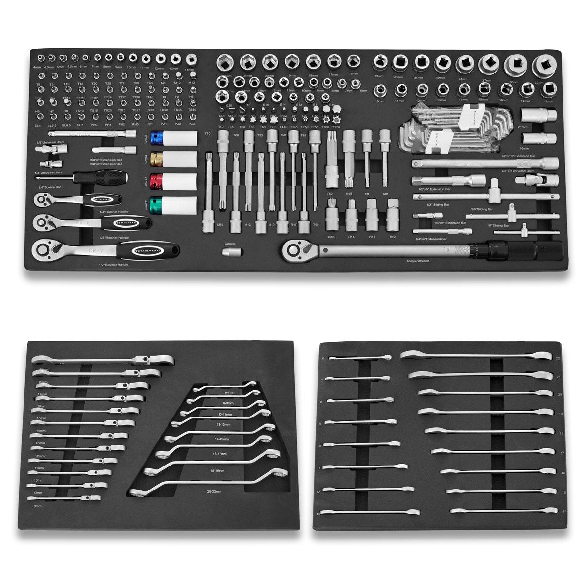 STAHLWERK Werkstattwagen DINO bestückt mit 364 Premium-Werkzeugen aus Chrom-Vanadium abschließbarer XXL Werkzeugwagen | Profi Montagewagen mit 12 Schubladen und gummierten Long-Life-Rollen