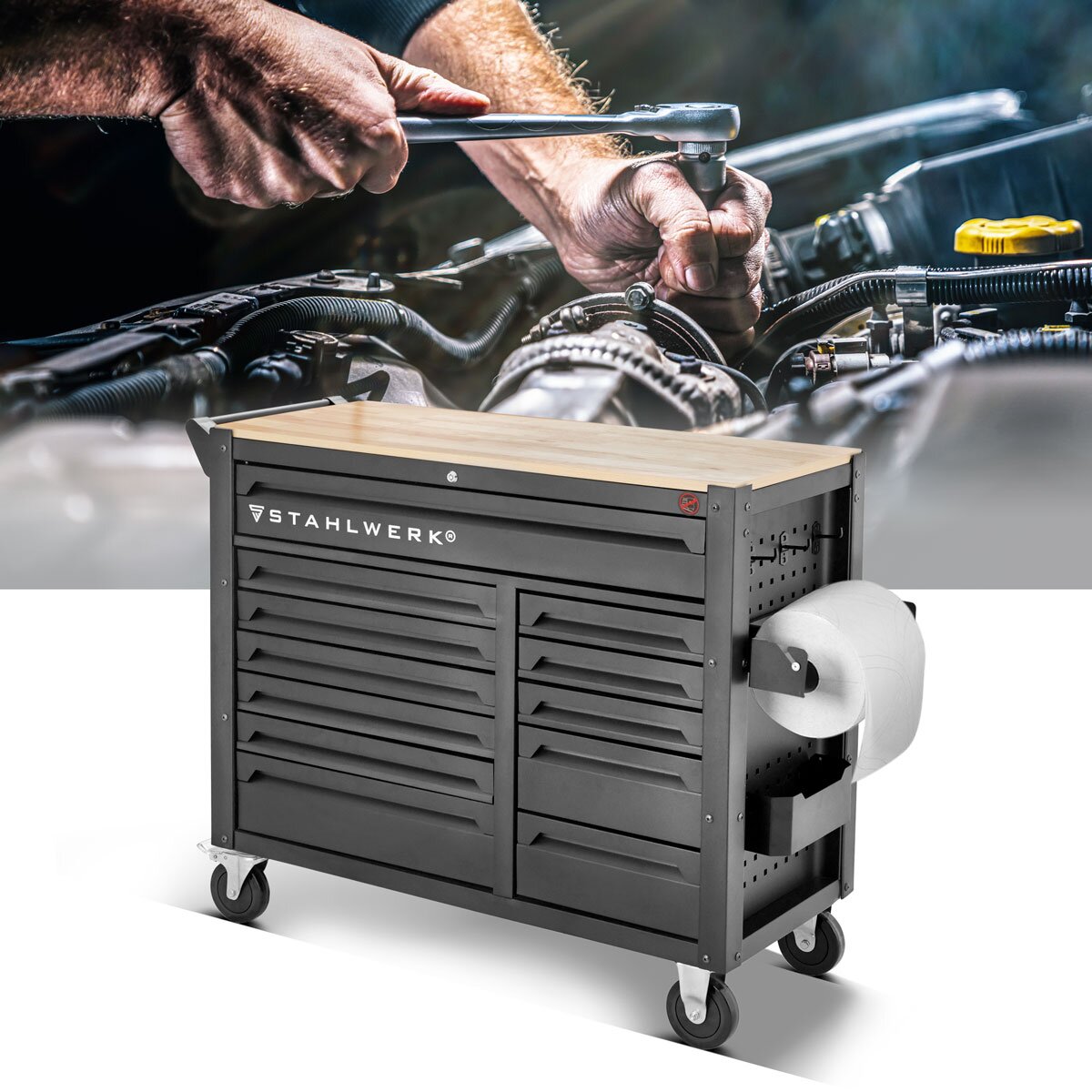 STAHLWERK Werkstattwagen DINO bestückt mit 364 Premium-Werkzeugen aus Chrom-Vanadium abschließbarer XXL Werkzeugwagen | Profi Montagewagen mit 12 Schubladen und gummierten Long-Life-Rollen