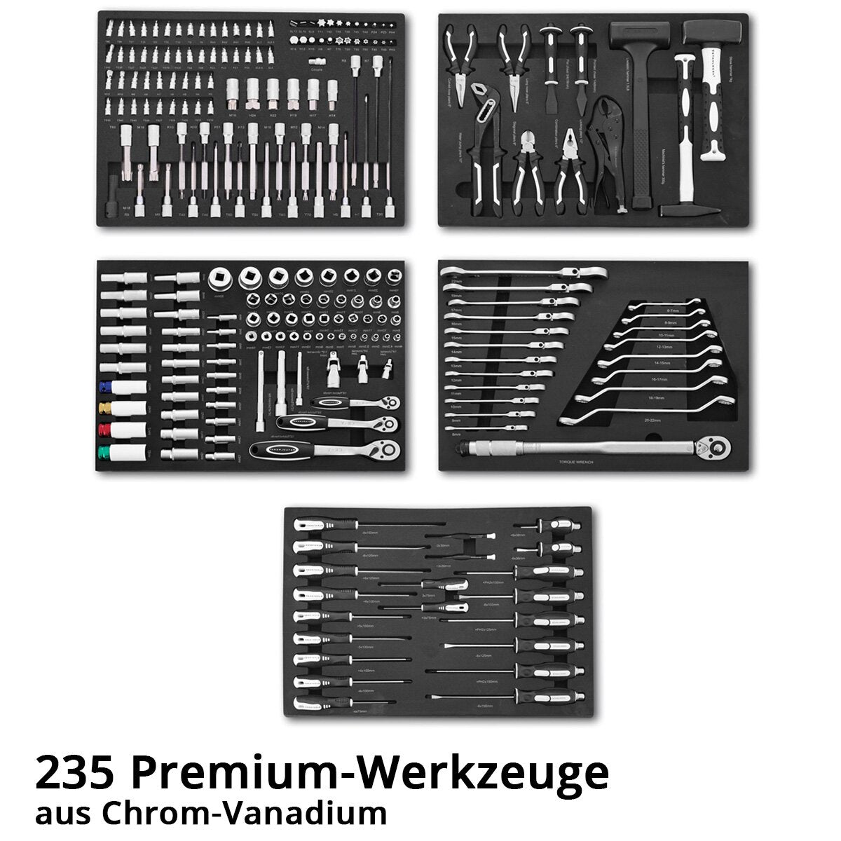 Stahlwerk Atölye Arabası Crow Crow Vanadyum Kilitlenebilir Alet Arabası'ndan yapılmış 235 Premium Aracı ile donatılmıştır. 7 çekmeceli profesyonel montaj kanalları ve kauçuk uzun ömürlü silindirler