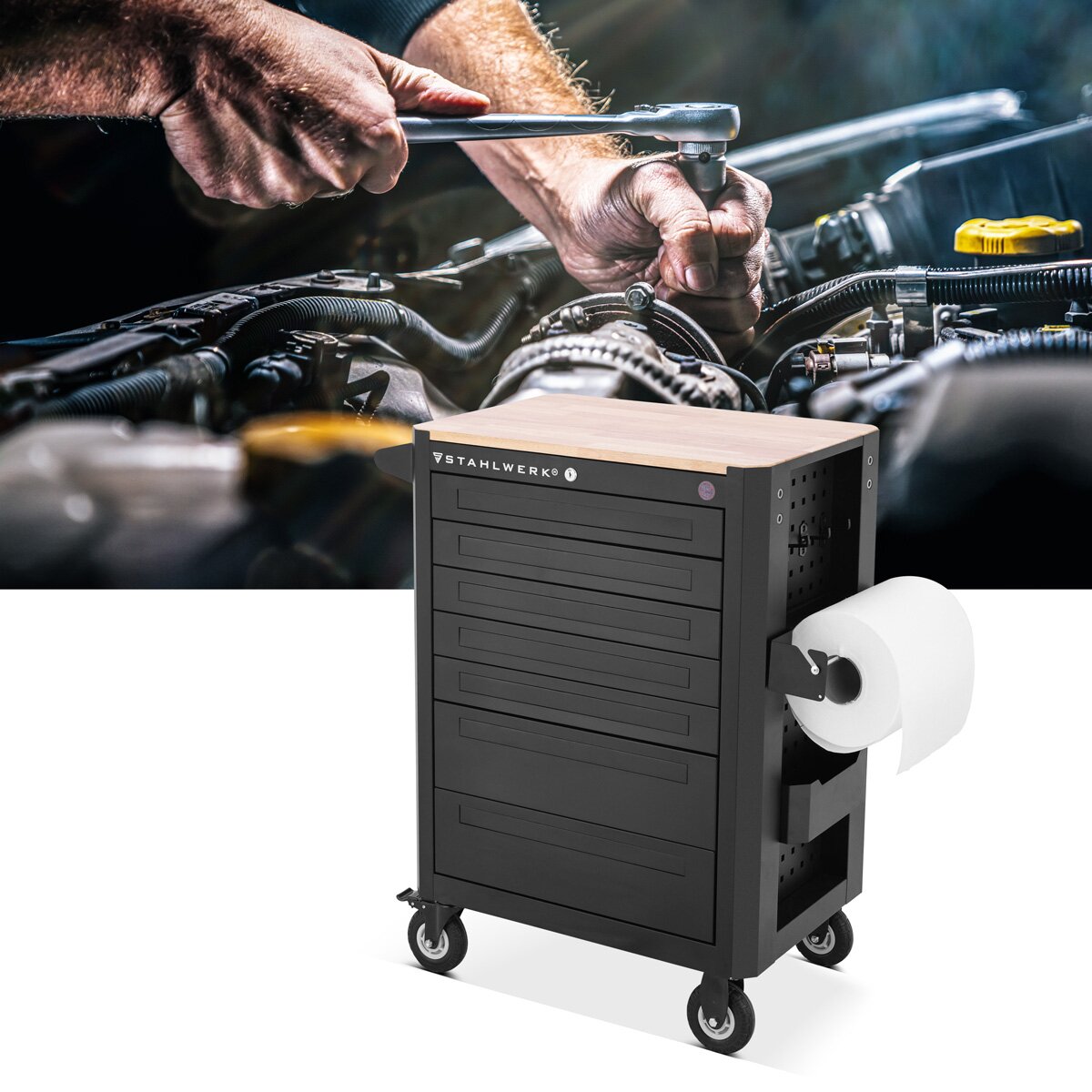 Stahlwerk Atölye Arabası Crow Crow Vanadyum Kilitlenebilir Alet Arabası'ndan yapılmış 235 Premium Aracı ile donatılmıştır. 7 çekmeceli profesyonel montaj kanalları ve kauçuk uzun ömürlü silindirler