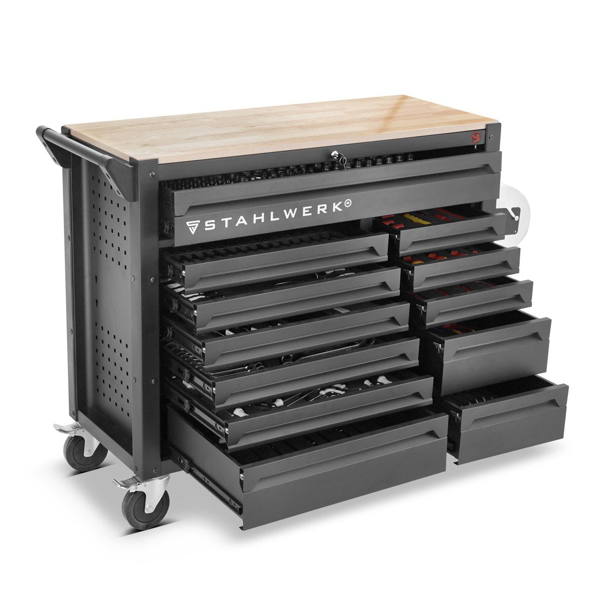 STAHLWERK Werkstattwagen DINO bestückt mit 364 Premium-Werkzeugen aus Chrom-Vanadium abschließbarer XXL Werkzeugwagen | Profi Montagewagen mit 12 Schubladen und gummierten Long-Life-Rollen