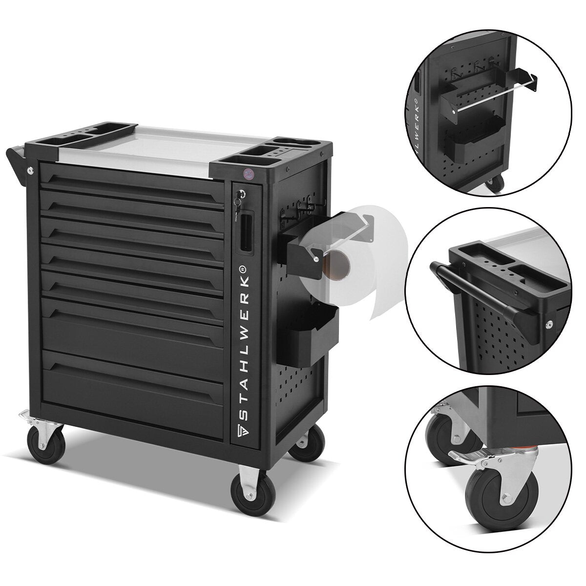 Steelworks Workshop Car Eagle Lock Lock Strumento Auto | Condotti di assemblaggio profili | Organizzatore di utensili con 7 cassetti, estratto laterale e rotoli di lunga vita gommati