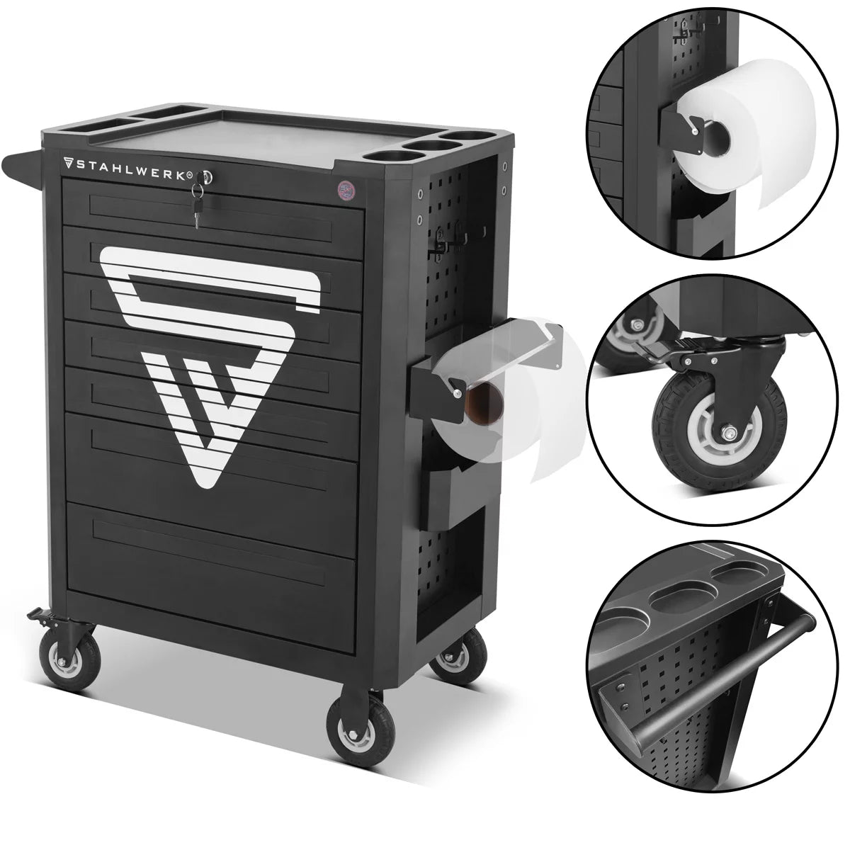 Falcon Steel Werk Workshop Car | Auto utensile XL bloccabile | Condotti di assemblaggio professionale con 7 cassetti e rotoli di lunga vita gommati | Auto per utensili per industria, artigianato, officina e fai -da -te