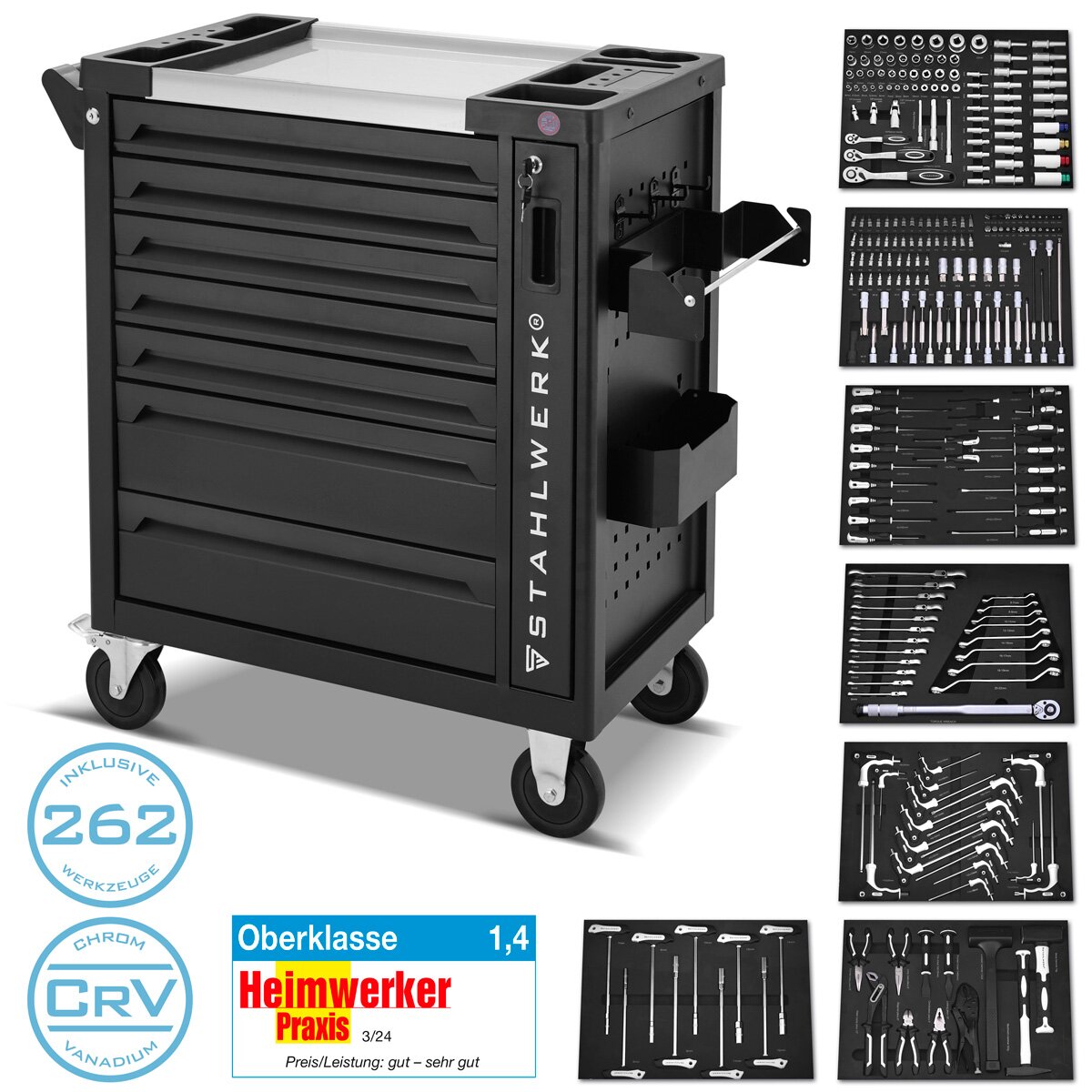Acciaio workshop auto phoenix dotata di 262 strumenti premium realizzati con auto attrezzi a blocchi di blocco del vanadio cromatico | Condotti di assemblaggio professionale con 7 cassetti, estratto laterale e rotoli di lunga vita gommati