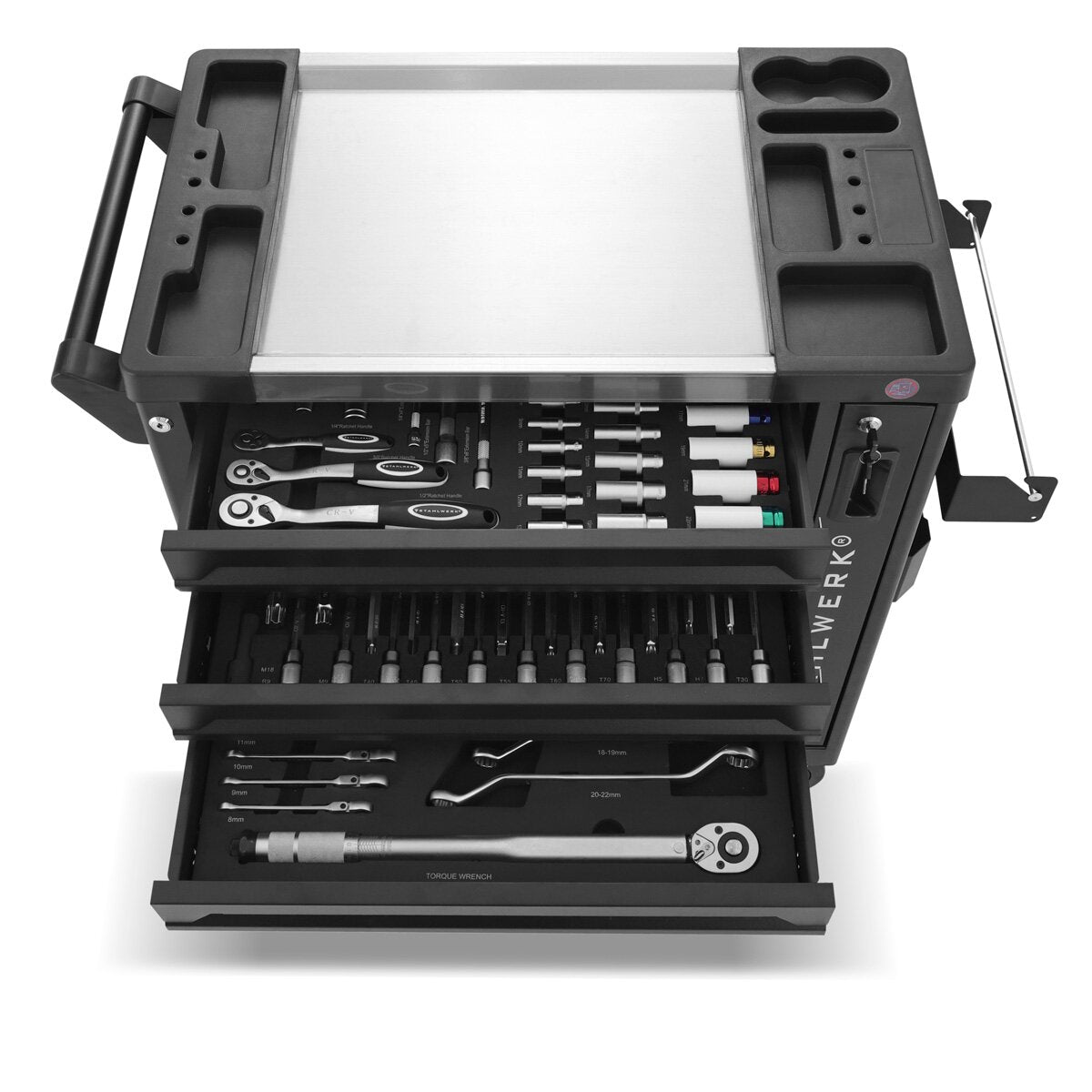 Steelworks Workshop Car Phoenix equipado con 262 herramientas premium hechas de cromado Vanadium Lockable Tool Car | Conductos de ensamblaje profesional con 7 cajones, extracto lateral y rollos de vida a larga vida