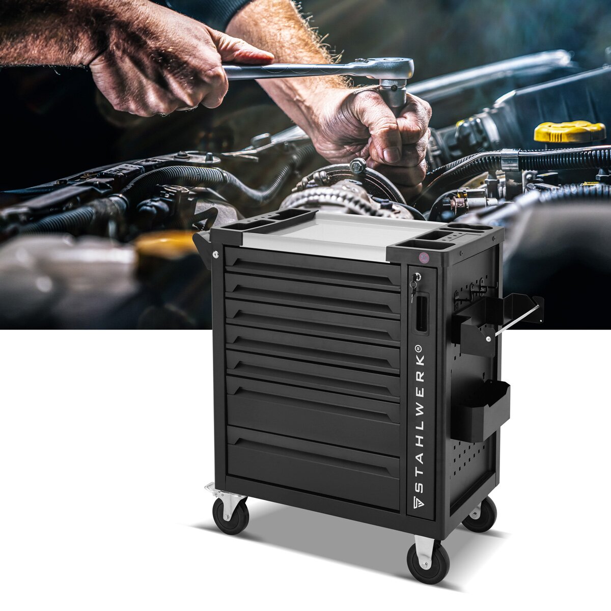 Steelworks Workshop Car Phoenix equipado con 262 herramientas premium hechas de cromado Vanadium Lockable Tool Car | Conductos de ensamblaje profesional con 7 cajones, extracto lateral y rollos de vida a larga vida