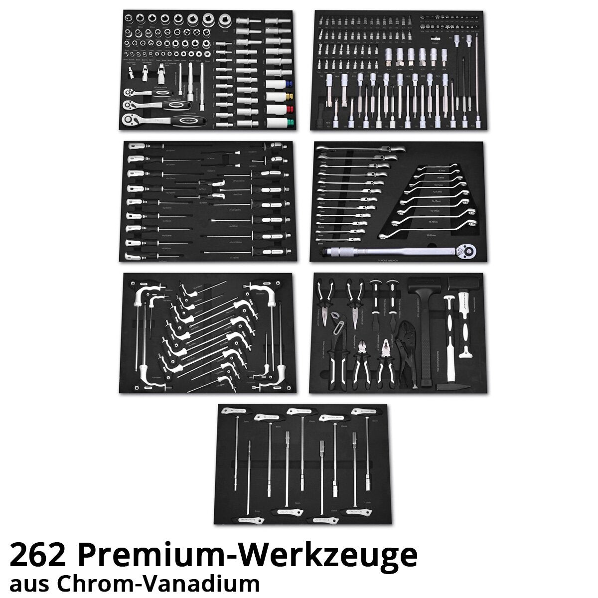 Acciaio workshop auto phoenix dotata di 262 strumenti premium realizzati con auto attrezzi a blocchi di blocco del vanadio cromatico | Condotti di assemblaggio professionale con 7 cassetti, estratto laterale e rotoli di lunga vita gommati