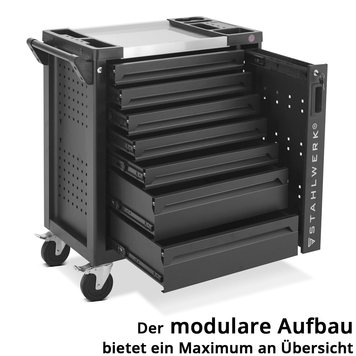 Steelworks Workshop Car Phoenix equipado con 262 herramientas premium hechas de cromado Vanadium Lockable Tool Car | Conductos de ensamblaje profesional con 7 cajones, extracto lateral y rollos de vida a larga vida