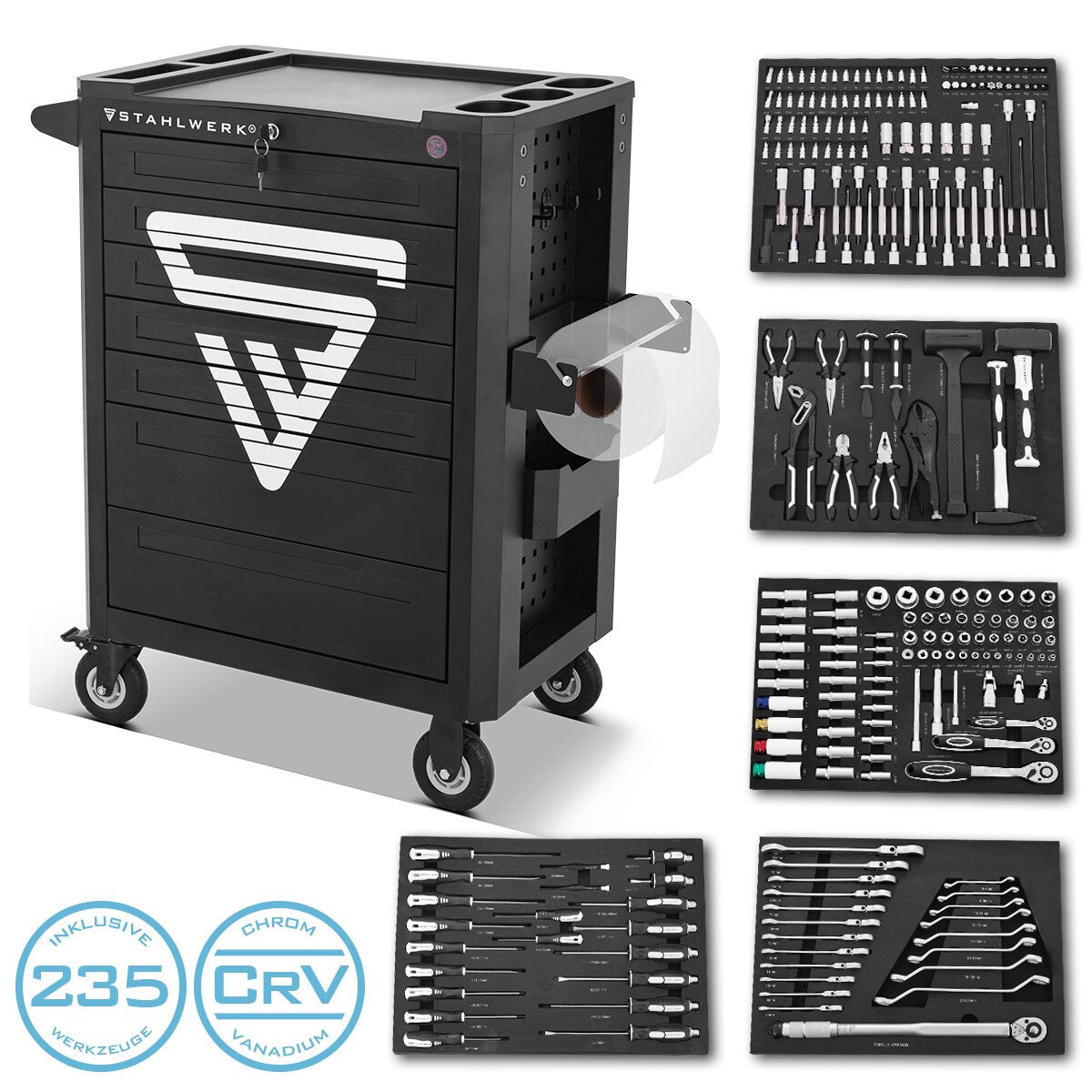 Steelworks Workshop Car Shark dotato di 235 strumenti premium realizzati in auto per attrezzi a blocchi di chiusura Chrome Vanadio | Condotti di assemblaggio professionale con 7 cassetti e rulli di lunga vita gommati