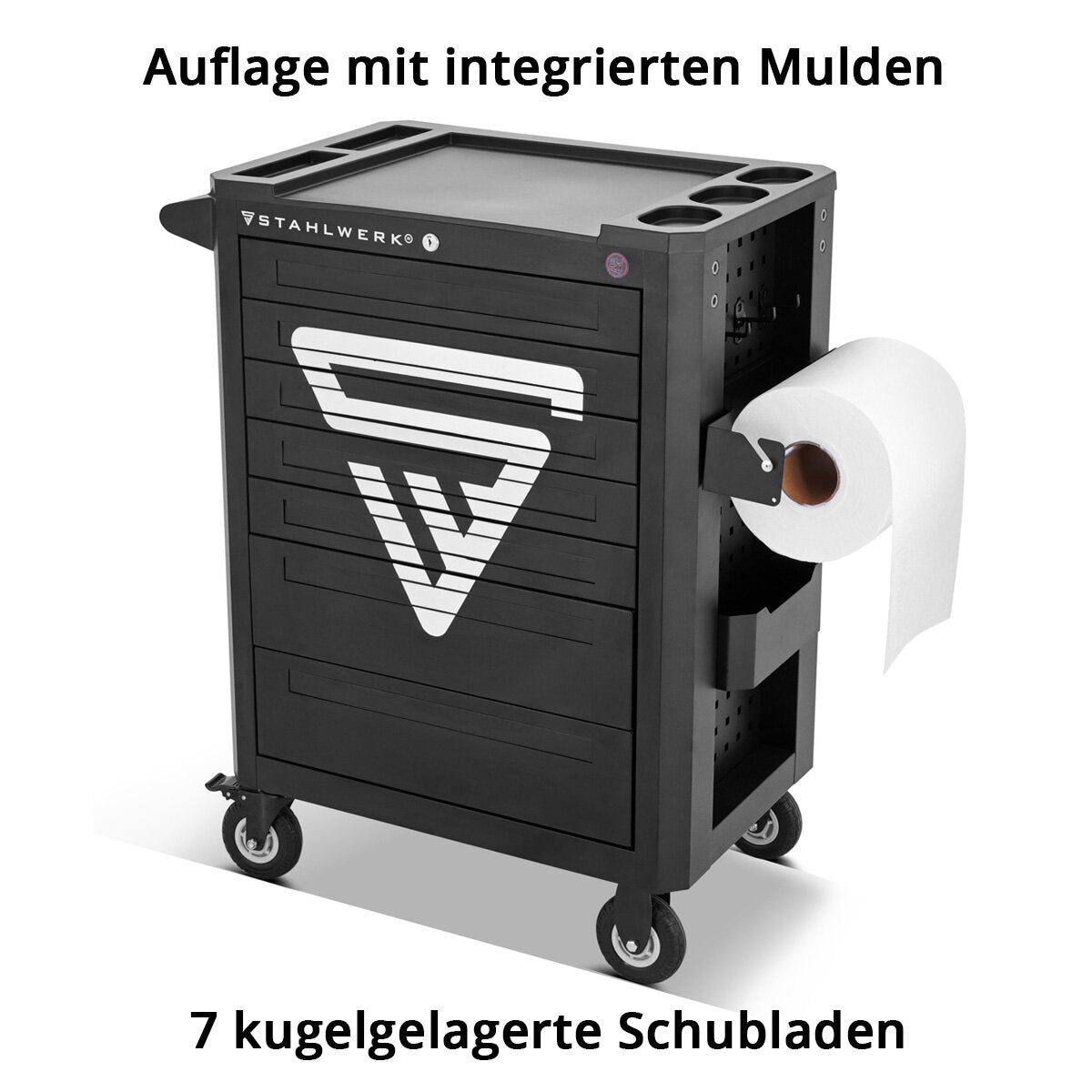 STAHLWERK Werkstattwagen SHARK bestückt mit 235 Premium-Werkzeugen aus Chrom-Vanadium abschließbarer Werkzeugwagen | Profi Montagewagen mit 7 Schubladen und gummierten Long-Life-Rollen
