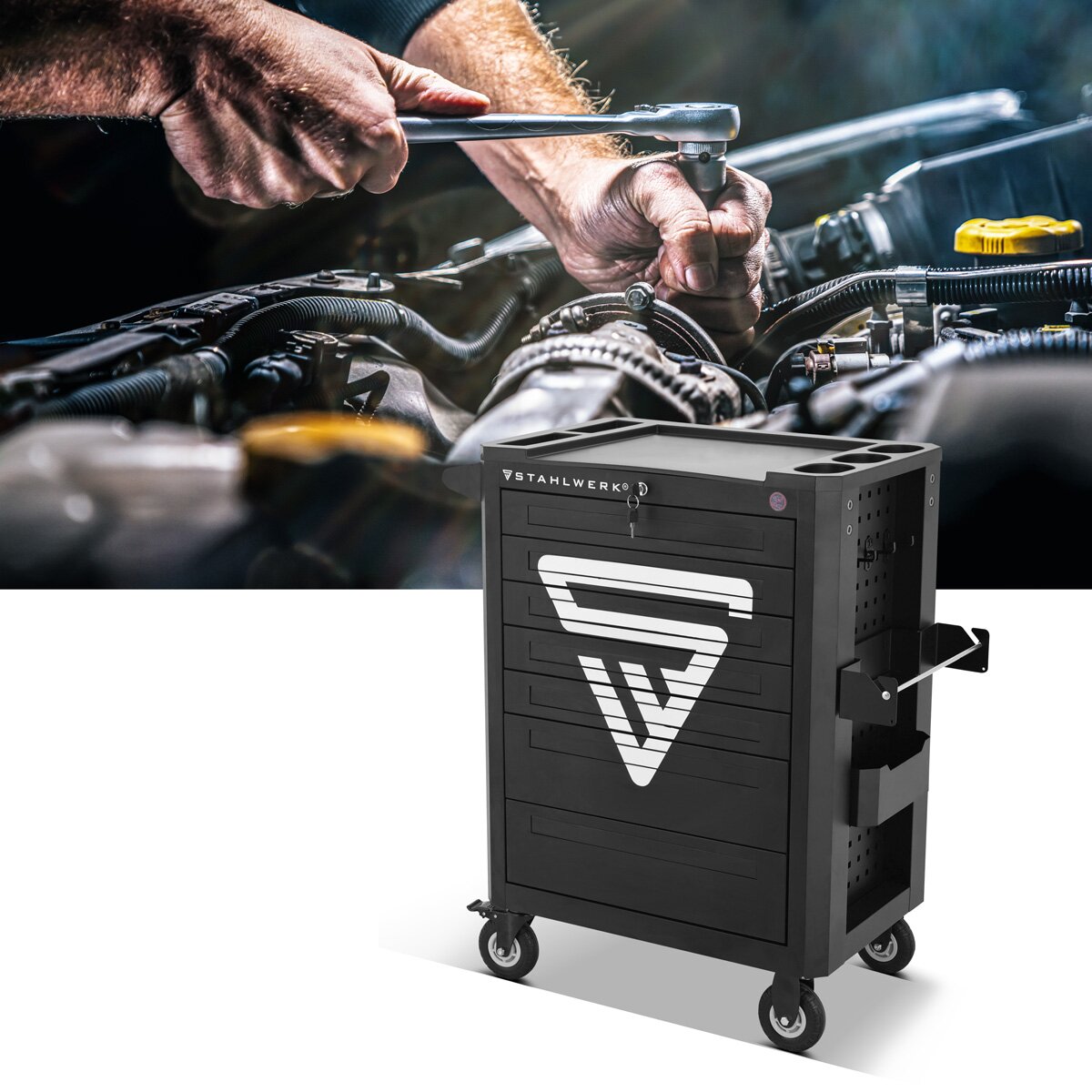 STAHLWERK Werkstattwagen SHARK bestückt mit 235 Premium-Werkzeugen aus Chrom-Vanadium abschließbarer Werkzeugwagen | Profi Montagewagen mit 7 Schubladen und gummierten Long-Life-Rollen