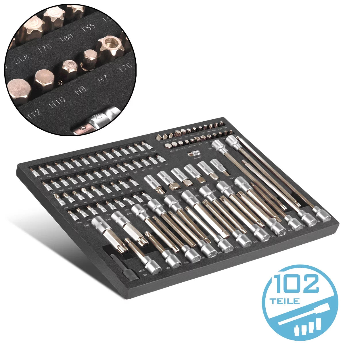 STAHLWERK 102-teiliger Profi-Steckschlüsselsatz in Werkstattwageneinlage | Hochwertiges CrV-Werkzeug | Werkzeugwageneinlage | Perfekte Ordnung | Bit- und Steckschlüssel-Set für Umschaltknarren