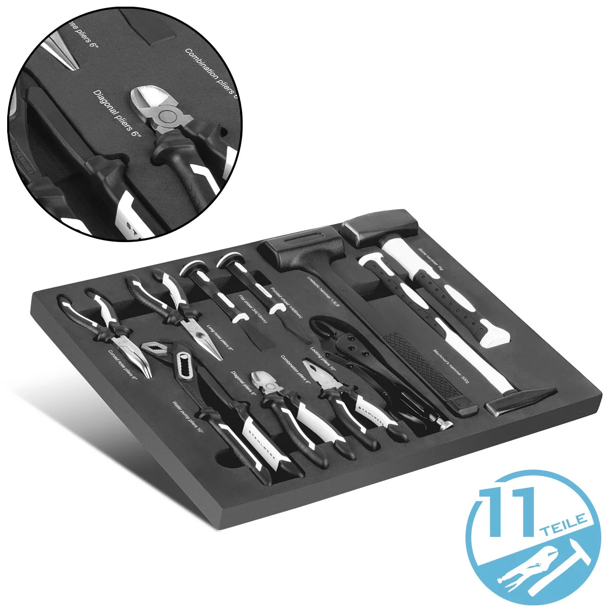 STAHLWERK 11-teiliges Profi-Werkzeug-Set mit Schaumstoffeinlage für Werkstattwagen | Hochwertiges Werkzeug in Werkzeugwageneinlage | Inklusive Zangen, Hämmer und Meißel