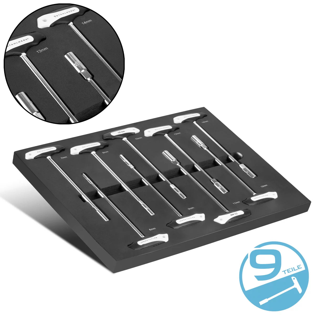 STAHLWERK 9-teiliges T-Griff Steckschlüssel-Set mit Schaumstoffeinlage für Werkstattwagen | Hochwertiges Werkzeug in Werkzeugwageneinlage | Hohe Torsionsbelastung | Alle gängigen Größen