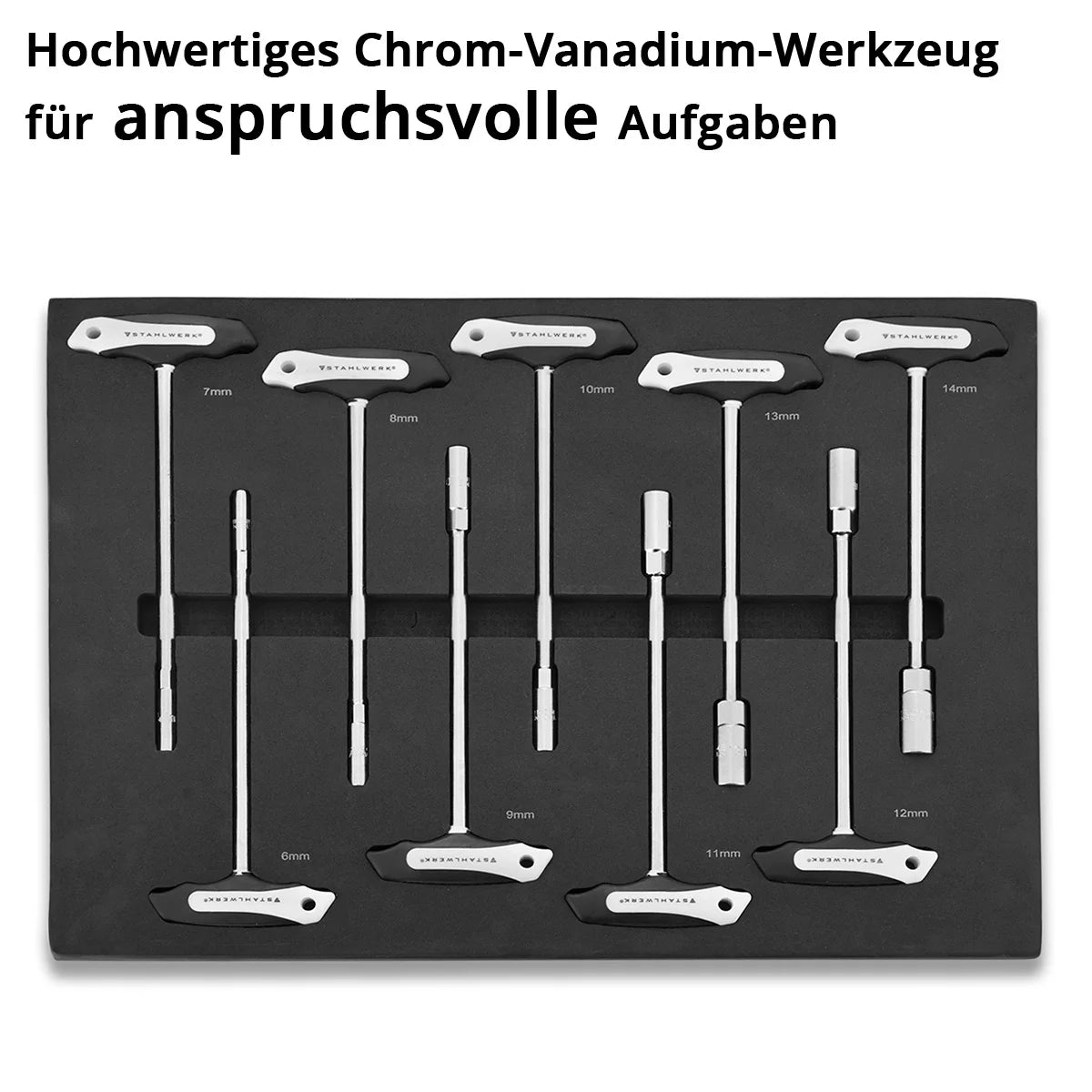 STAHLWERK 9-teiliges T-Griff Steckschlüssel-Set mit Schaumstoffeinlage für Werkstattwagen | Hochwertiges Werkzeug in Werkzeugwageneinlage | Hohe Torsionsbelastung | Alle gängigen Größen