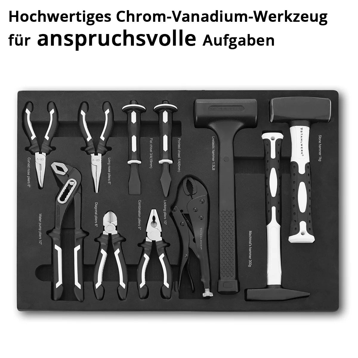 STAHLWERK 11-teiliges Profi-Werkzeug-Set mit Schaumstoffeinlage für Werkstattwagen | Hochwertiges Werkzeug in Werkzeugwageneinlage | Inklusive Zangen, Hämmer und Meißel