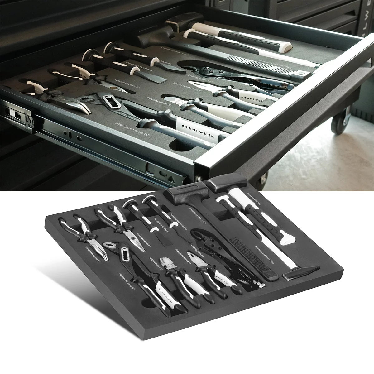 Set di strumenti professionali a 11 pezzi Steelworks con inserto in schiuma per auto da workshop | Strumento di alta qualità nell'intarsio per auto utensili | Tra cui pinze, martelli e scalpellini
