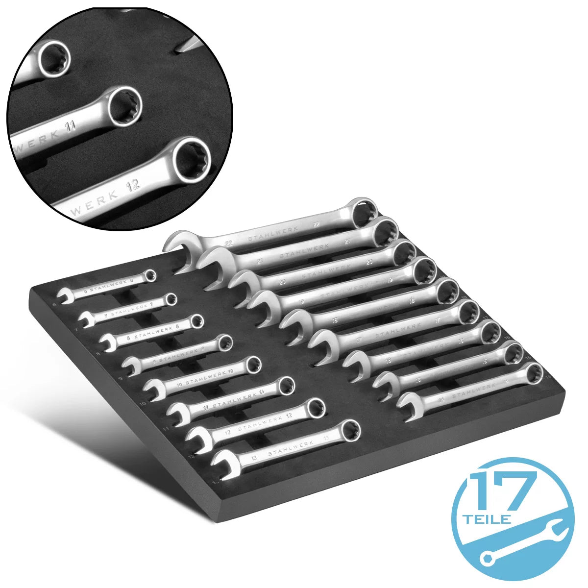 STAHLWERK 17-teiliges Schraubenschlüssel-Set mit Schaumstoffeinlage | Für Werkstattwagen | Ring- und Gabelschlüssel-Satz | Alle gängigen Größen | Praktische Werkzeugwageneinlage
