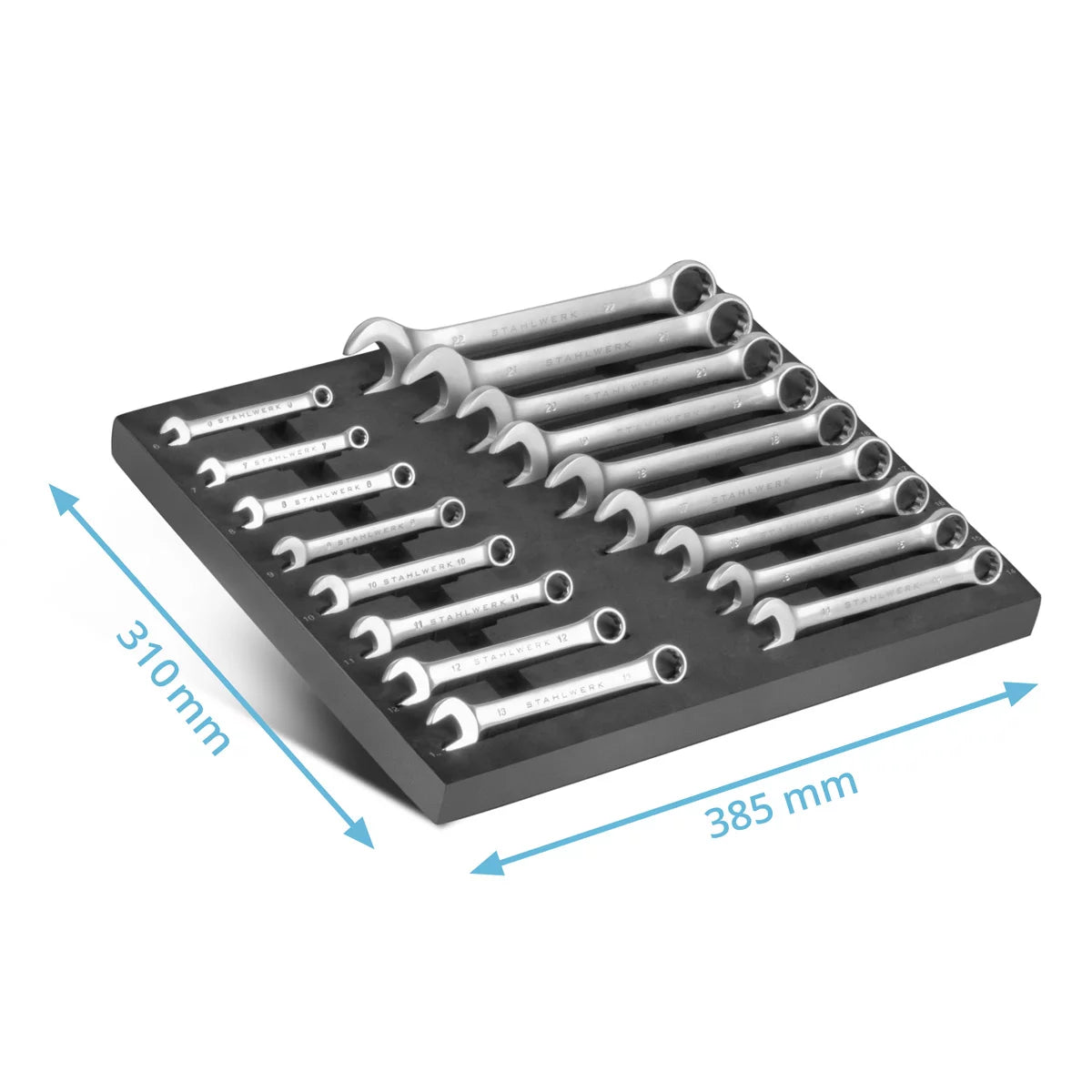 STAHLWERK 17-teiliges Schraubenschlüssel-Set mit Schaumstoffeinlage | Für Werkstattwagen | Ring- und Gabelschlüssel-Satz | Alle gängigen Größen | Praktische Werkzeugwageneinlage