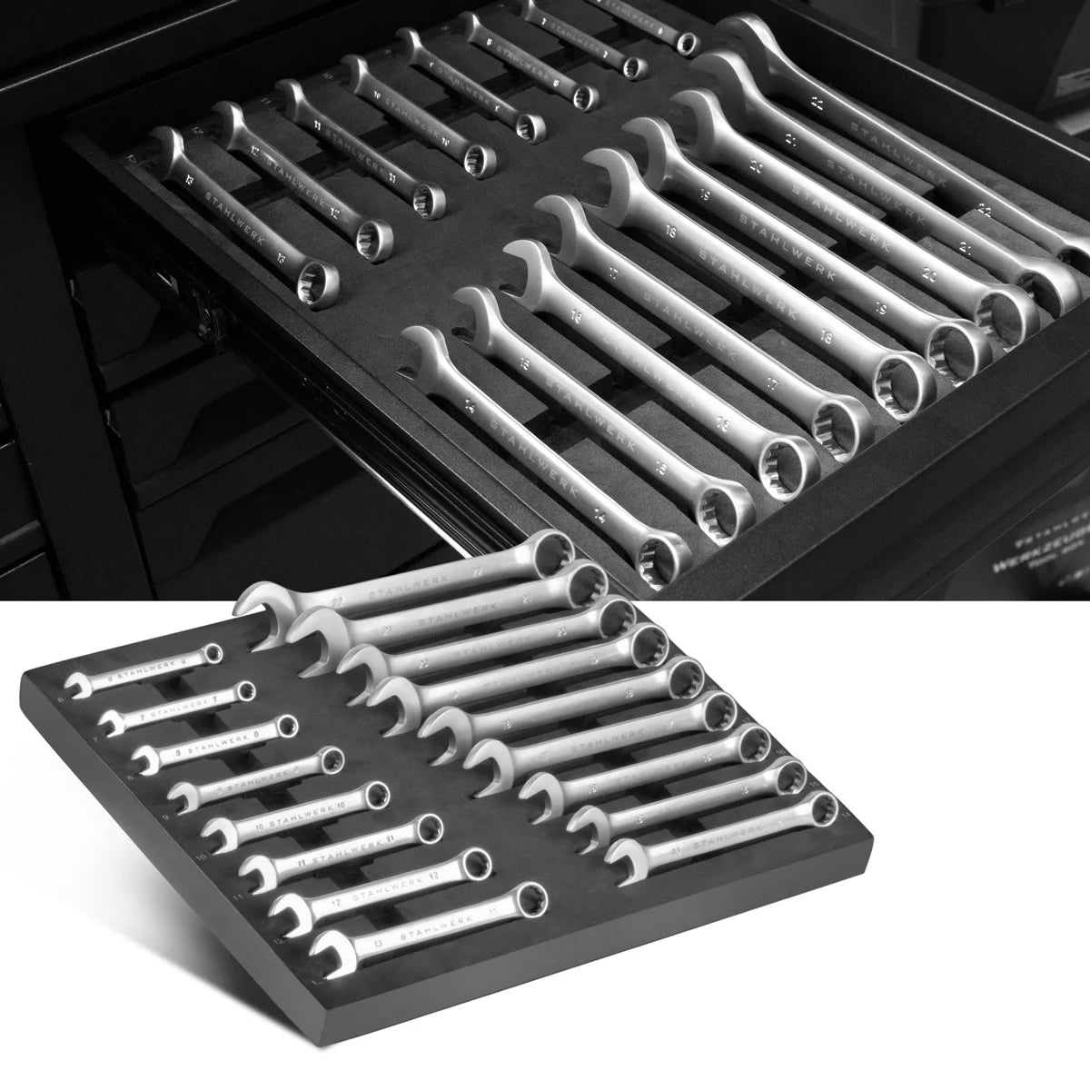 STAHLWERK 17-teiliges Schraubenschlüssel-Set mit Schaumstoffeinlage | Für Werkstattwagen | Ring- und Gabelschlüssel-Satz | Alle gängigen Größen | Praktische Werkzeugwageneinlage