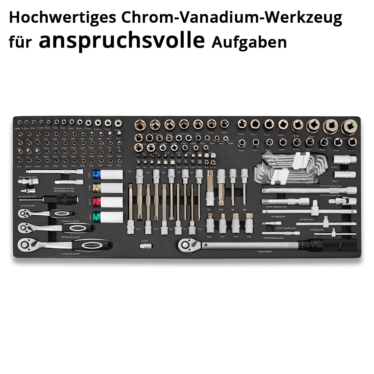 STAHLWERK 186-teiliger Bit- und Steckschlüsselsatz in Werkstattwageneinlage | Hochwertiges CrV-Werkzeug | 3/8", 1/2" und 1/4" Ratschen-, Bit- und Steckschlüssel-Set | Mit Drehmomentschlüssel 20-210 Nm