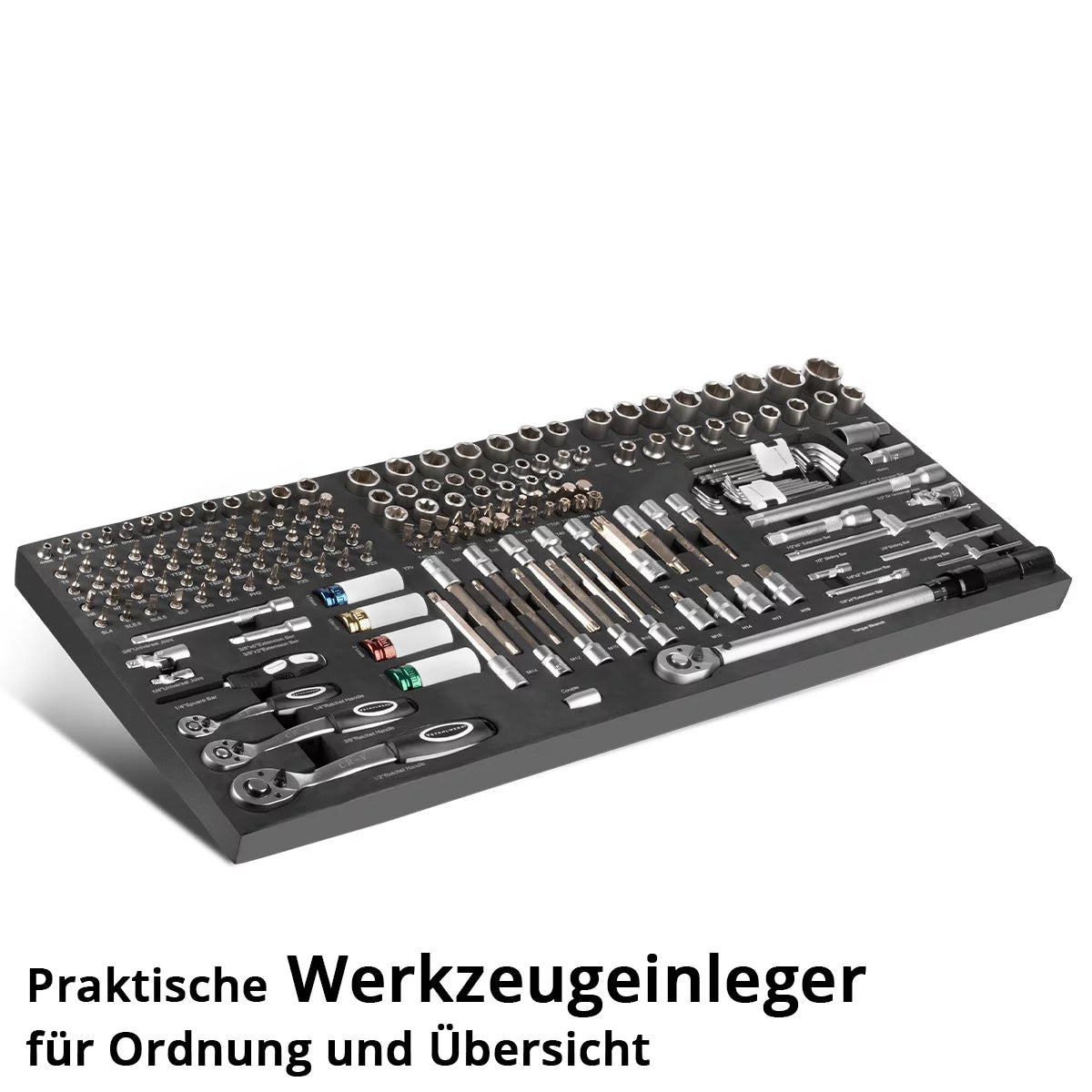 STAHLWERK 186-teiliger Bit- und Steckschlüsselsatz in Werkstattwageneinlage | Hochwertiges CrV-Werkzeug | 3/8", 1/2" und 1/4" Ratschen-, Bit- und Steckschlüssel-Set | Mit Drehmomentschlüssel 20-210 Nm