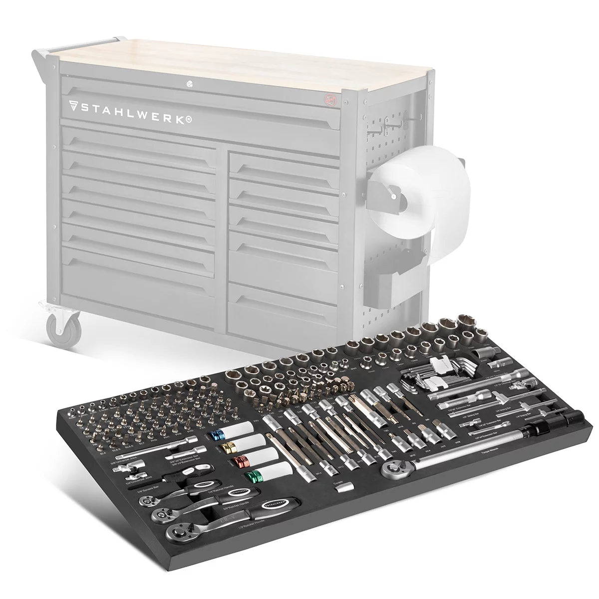 STAHLWERK 186-teiliger Bit- und Steckschlüsselsatz in Werkstattwageneinlage | Hochwertiges CrV-Werkzeug | 3/8", 1/2" und 1/4" Ratschen-, Bit- und Steckschlüssel-Set | Mit Drehmomentschlüssel 20-210 Nm