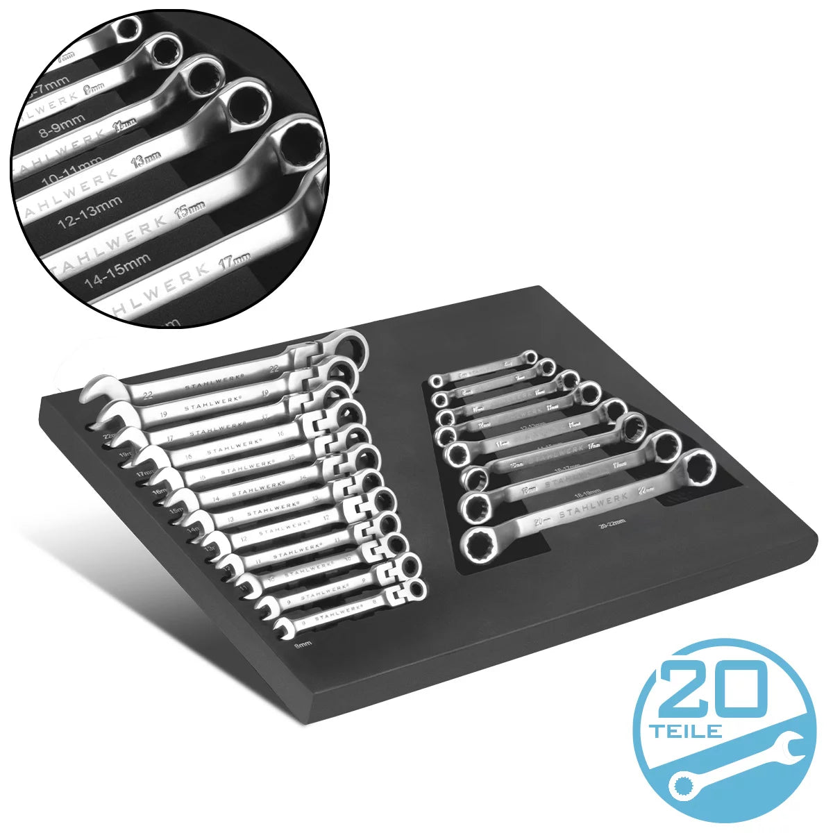 STAHLWERK 20-teiliges Schraubenschlüssel-Set mit Schaumstoffeinlage |Für Werkstattwagen |Drehmomentschlüssel und Ringschlüssel-Satz | Inklusive neigbare Maulschlüssel | Weichschaumeinlage
