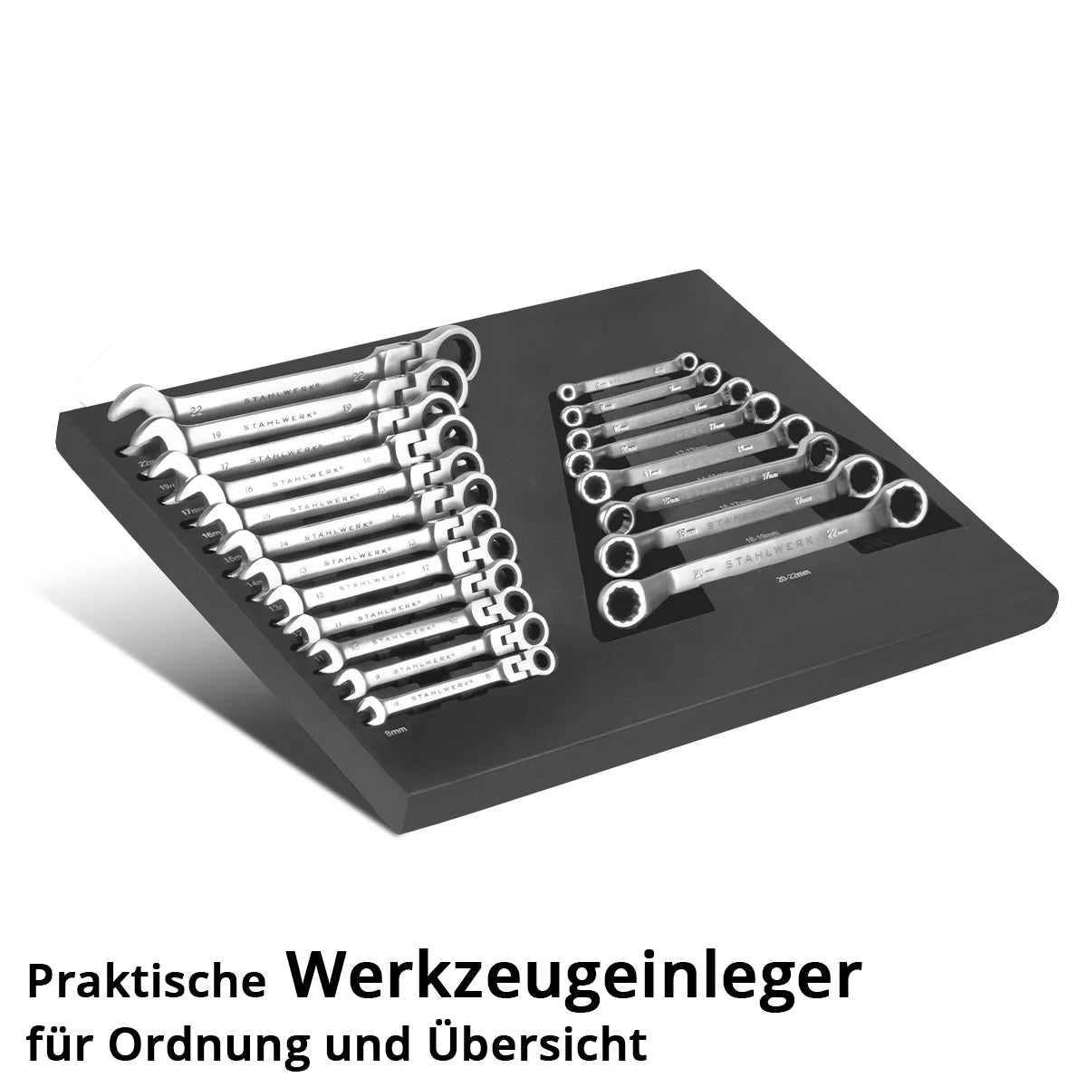 STAHLWERK 20-teiliges Schraubenschlüssel-Set mit Schaumstoffeinlage |Für Werkstattwagen |Drehmomentschlüssel und Ringschlüssel-Satz | Inklusive neigbare Maulschlüssel | Weichschaumeinlage