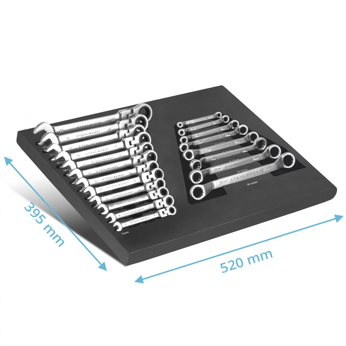 STAHLWERK 20-teiliges Schraubenschlüssel-Set mit Schaumstoffeinlage |Für Werkstattwagen |Drehmomentschlüssel und Ringschlüssel-Satz | Inklusive neigbare Maulschlüssel | Weichschaumeinlage