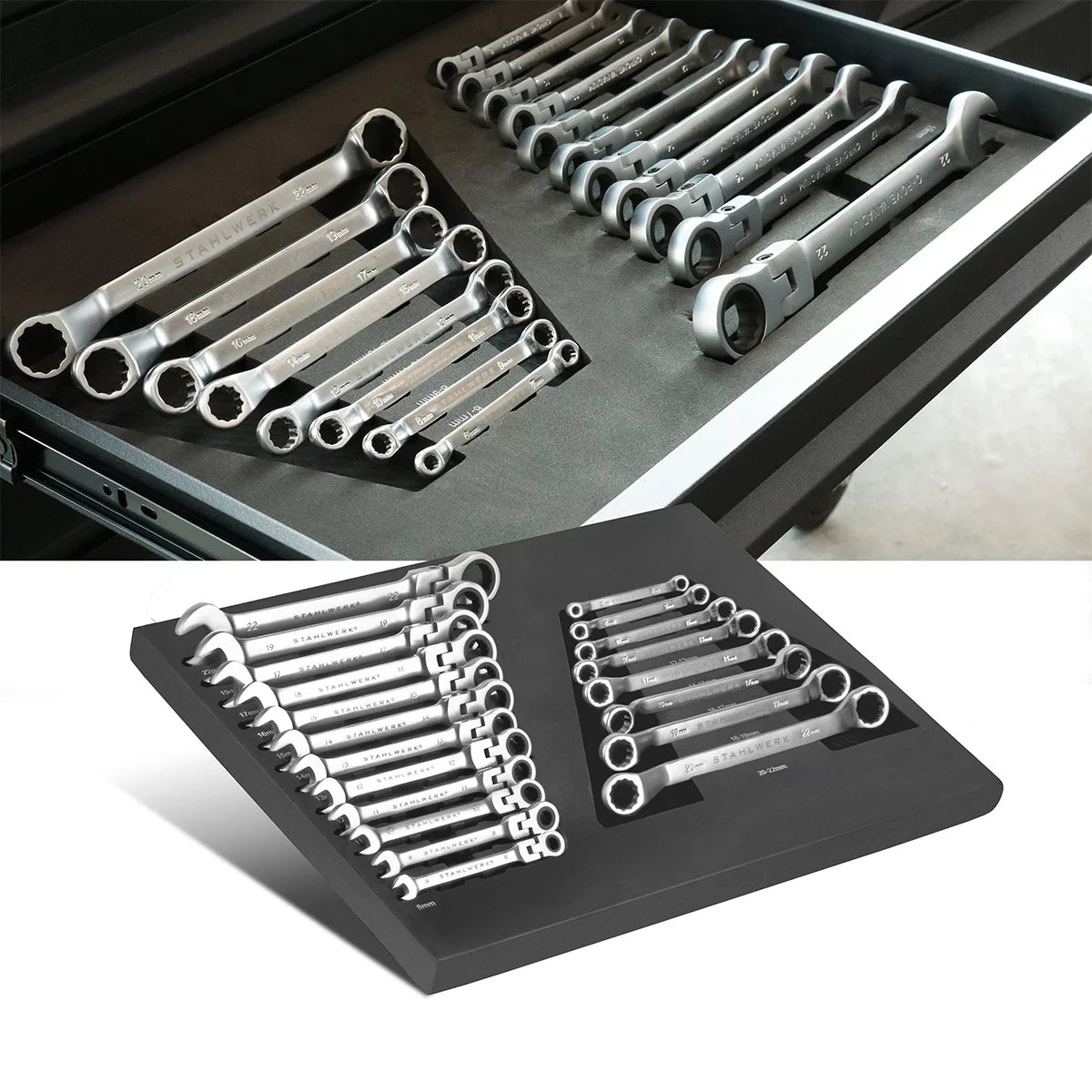 STAHLWERK 20-teiliges Schraubenschlüssel-Set mit Schaumstoffeinlage |Für Werkstattwagen |Drehmomentschlüssel und Ringschlüssel-Satz | Inklusive neigbare Maulschlüssel | Weichschaumeinlage