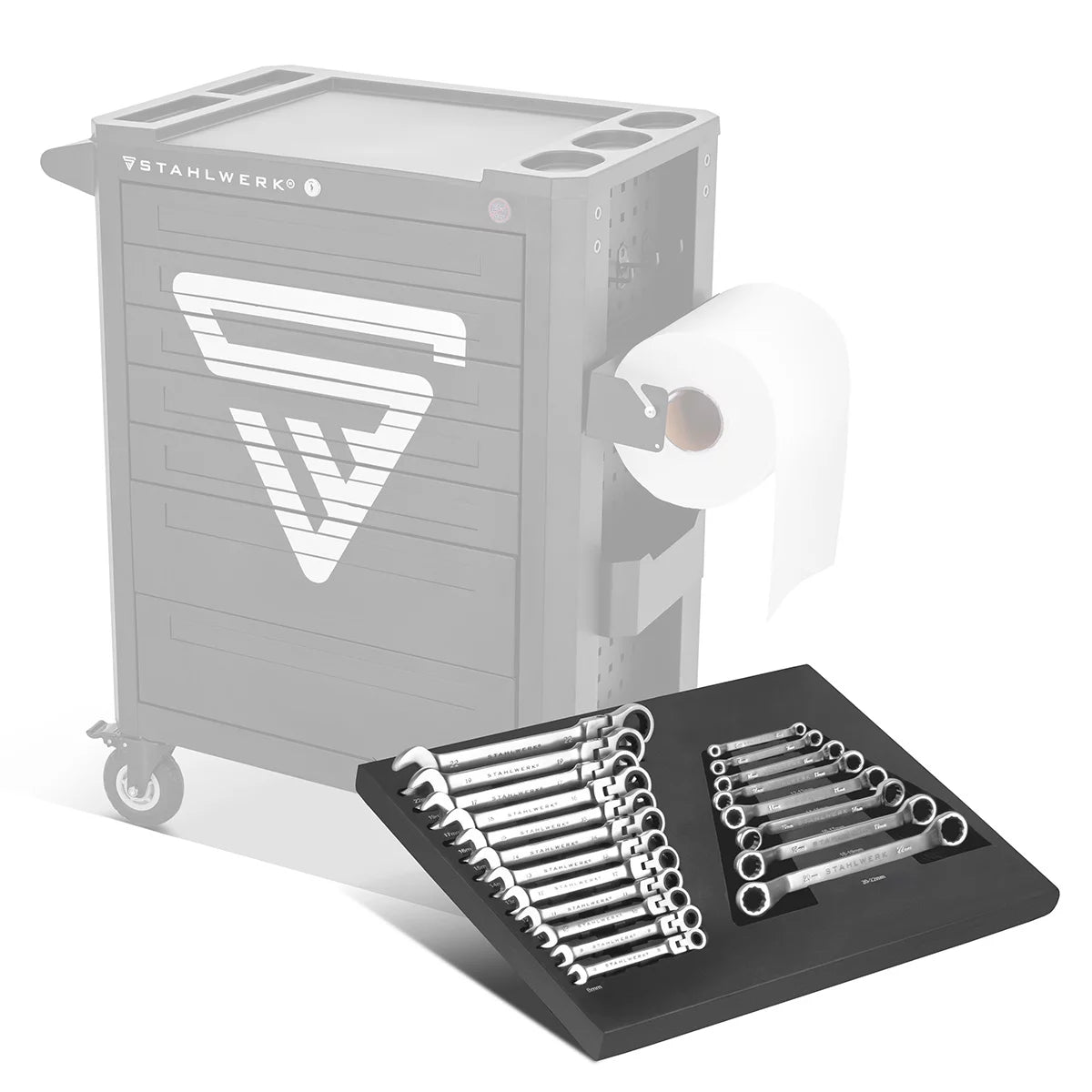 STAHLWERK 20-teiliges Schraubenschlüssel-Set mit Schaumstoffeinlage |Für Werkstattwagen |Drehmomentschlüssel und Ringschlüssel-Satz | Inklusive neigbare Maulschlüssel | Weichschaumeinlage