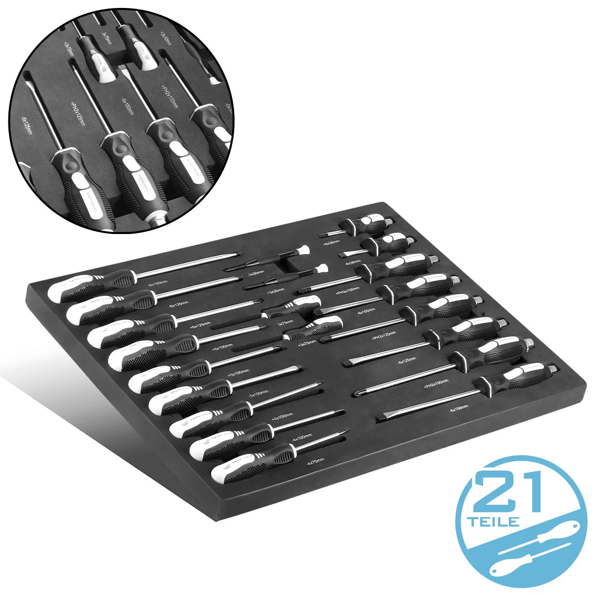 STAHLWERK 21-teiliges Schraubendreher-Set PH und SL in Schaumstoffeinlage |Inlay für Werkstattwagen| Hochwertiges Werkzeug in Werkzeugwageneinlage |Perfekte Ordnung in der Werkstatt