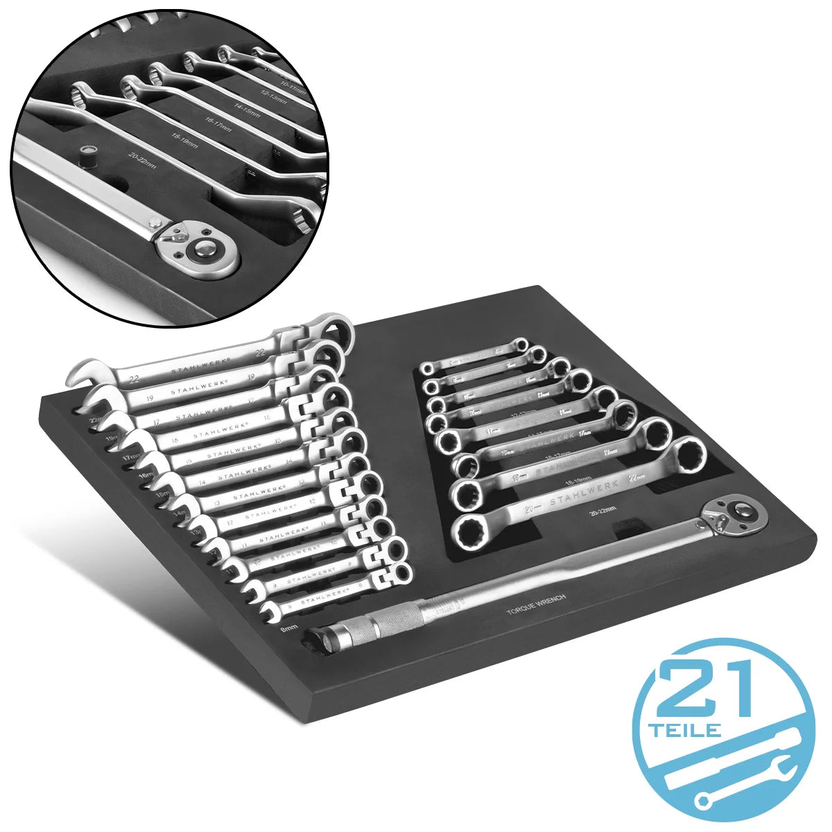 STAHLWERK 21-teiliges Schraubenschlüssel-Set mit Schaumstoffeinlage |Für Werkstattwagen |Drehmomentschlüssel und Ringschlüssel-Satz | Inklusive neigbare Maulschlüssel | Werkzeugwageneinlage