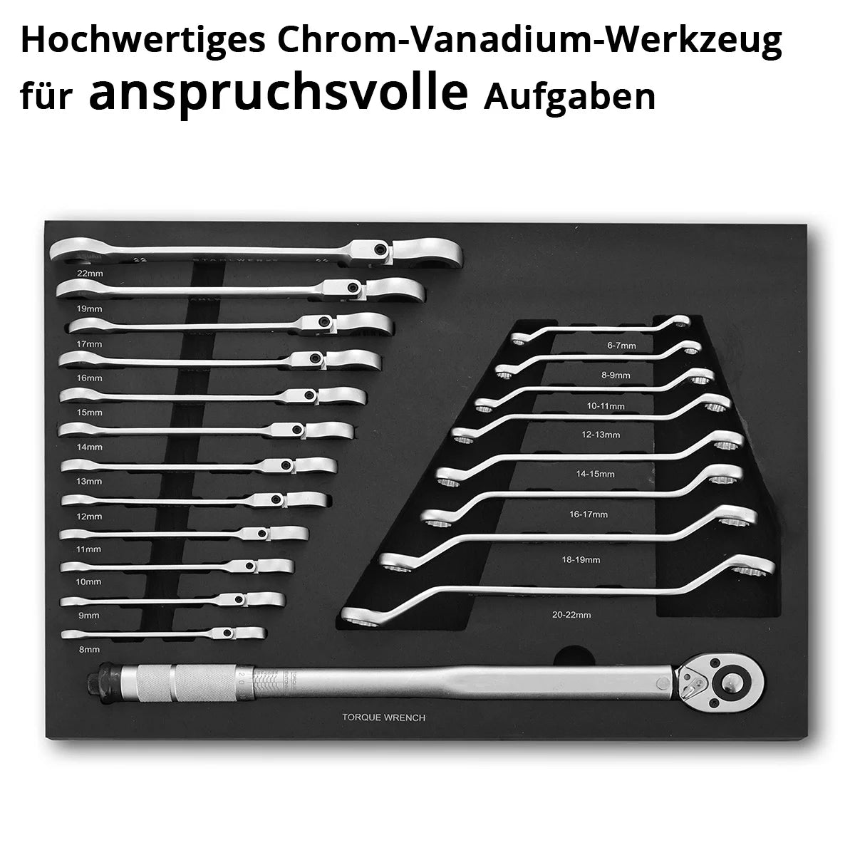 STAHLWERK 21-teiliges Schraubenschlüssel-Set mit Schaumstoffeinlage |Für Werkstattwagen |Drehmomentschlüssel und Ringschlüssel-Satz | Inklusive neigbare Maulschlüssel | Werkzeugwageneinlage