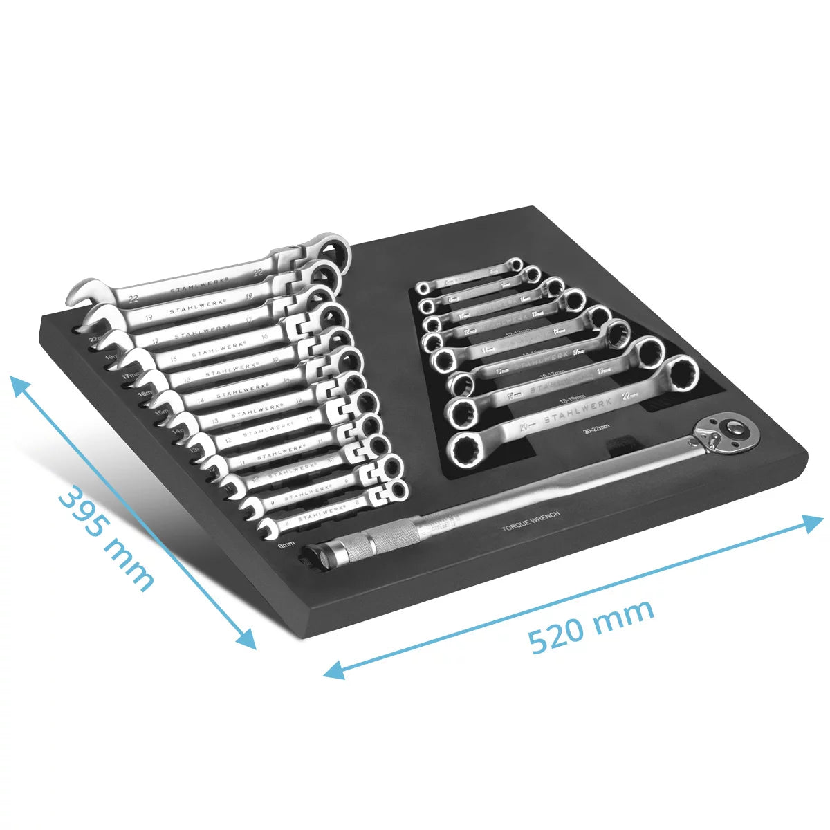 STAHLWERK 21-teiliges Schraubenschlüssel-Set mit Schaumstoffeinlage |Für Werkstattwagen |Drehmomentschlüssel und Ringschlüssel-Satz | Inklusive neigbare Maulschlüssel | Werkzeugwageneinlage