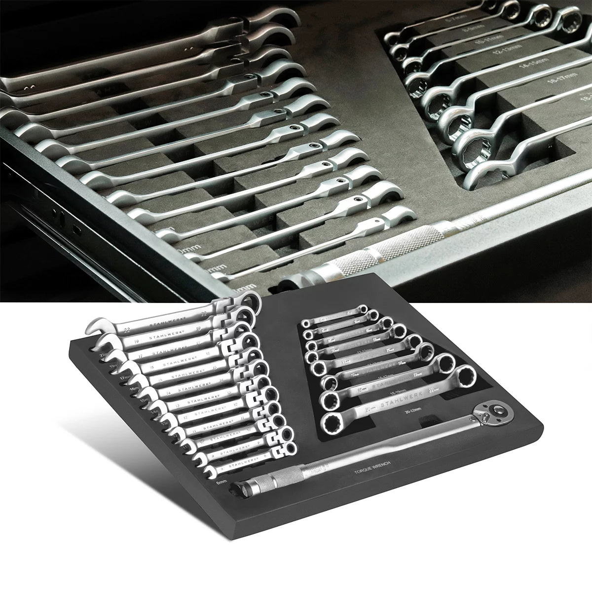 STAHLWERK 21-teiliges Schraubenschlüssel-Set mit Schaumstoffeinlage |Für Werkstattwagen |Drehmomentschlüssel und Ringschlüssel-Satz | Inklusive neigbare Maulschlüssel | Werkzeugwageneinlage