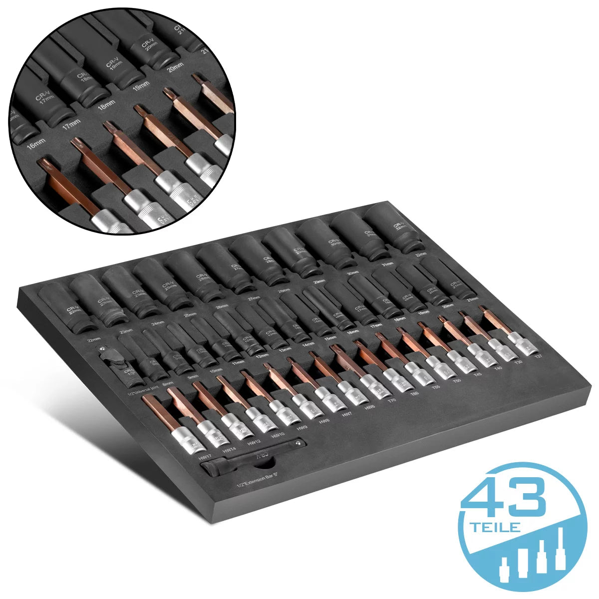 STAHLWERK 43-teiliges Steckschlüssel-Set in Schaumstoffeinlage für Werkstattwagen | Hochwertige Sechskantschlüssel innen und außen mit 1/2" Aufnahme | Hohe Torsionsbelastung |Alle gängigen Größen