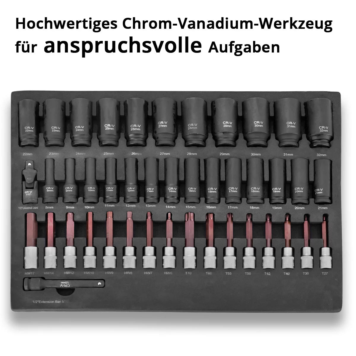 STAHLWERK 43-teiliges Steckschlüssel-Set in Schaumstoffeinlage für Werkstattwagen | Hochwertige Sechskantschlüssel innen und außen mit 1/2" Aufnahme | Hohe Torsionsbelastung |Alle gängigen Größen