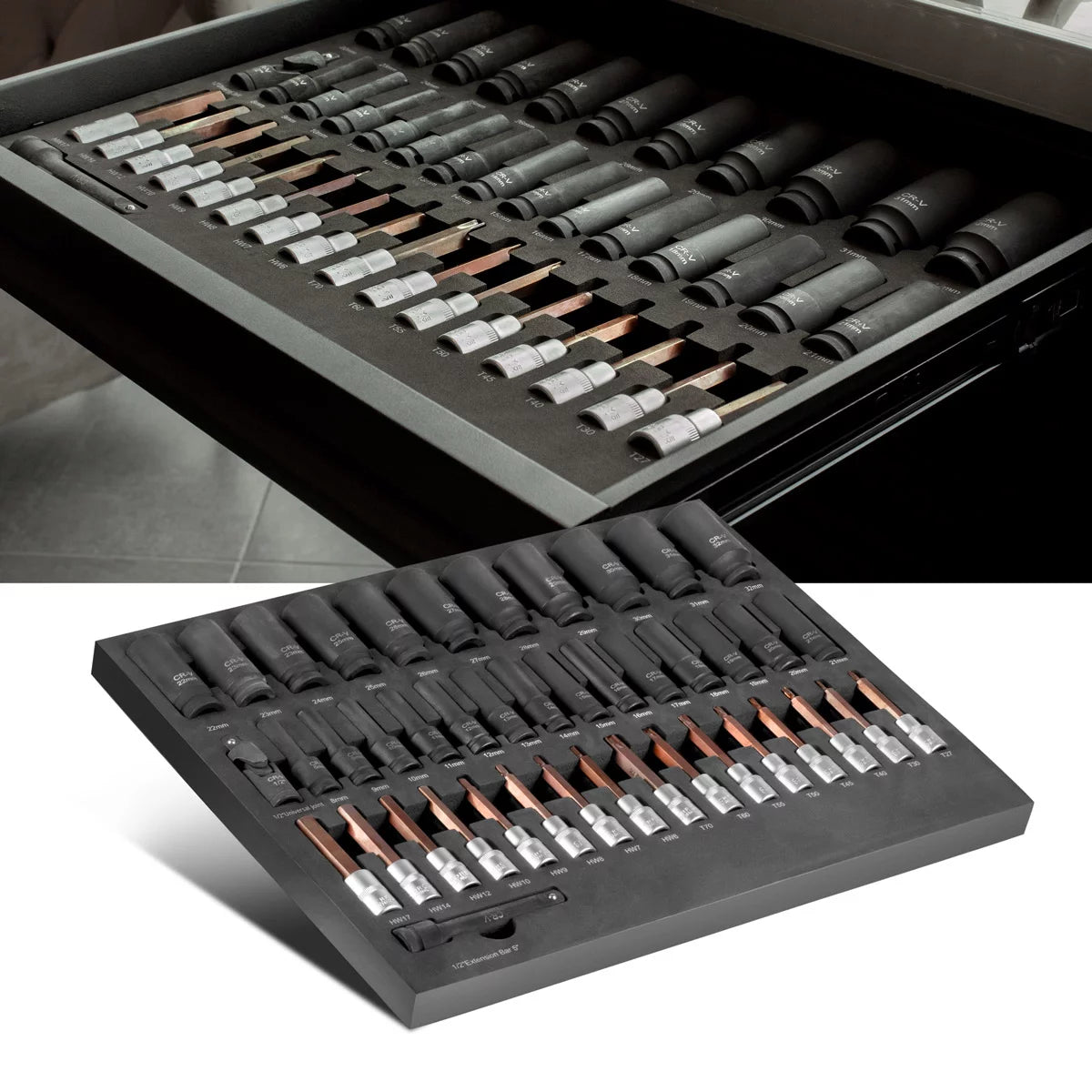 Steelworks 43 parçalı soket anahtar atölye arabası için köpük ekin | 1/2 "kayıt ile yüksek kaliteli altıgen tuşlar | Yüksek Torsiyonal Kirlilik | Tüm Ortak Boyutlar