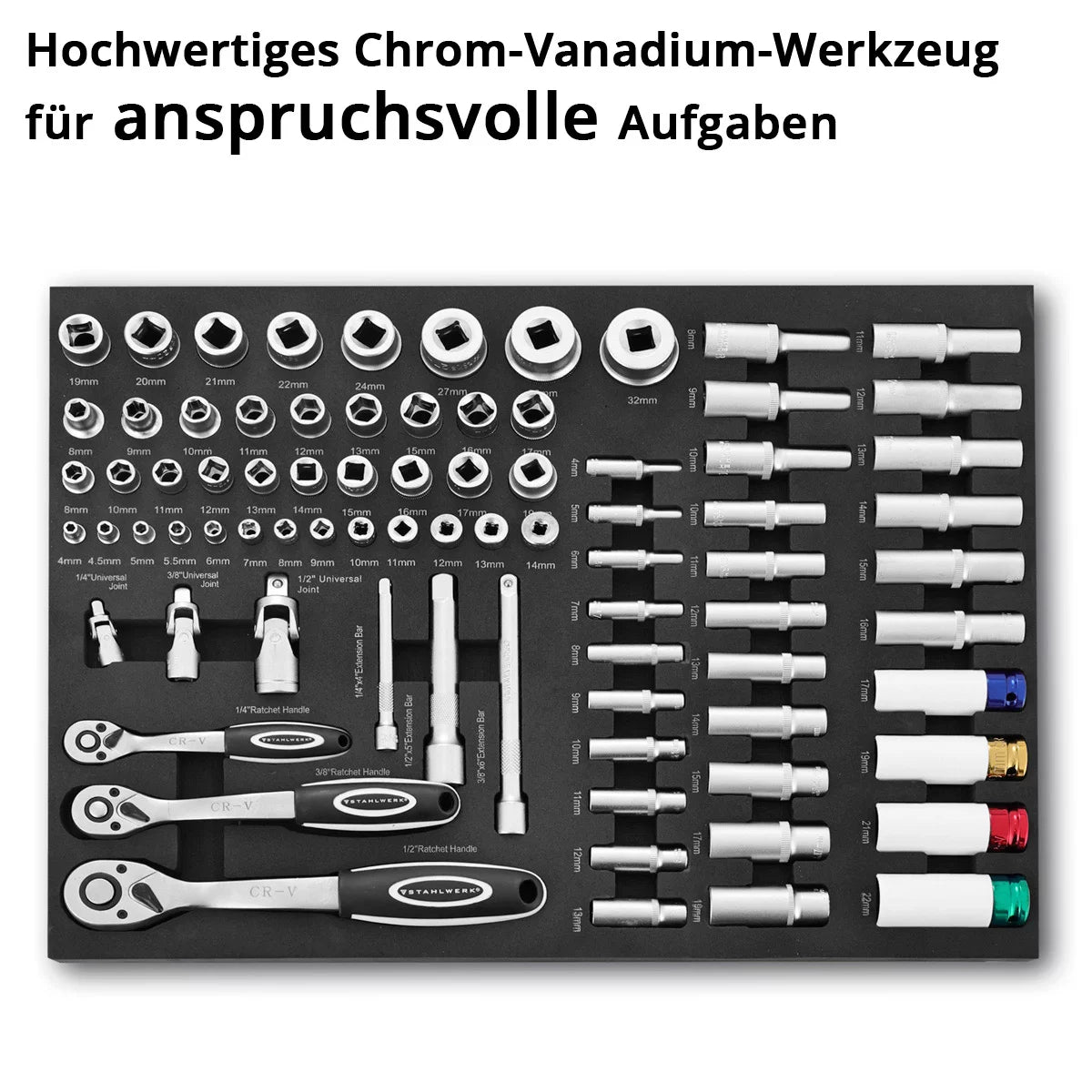 STAHLWERK 80-teiliger Profi-Steckschlüsselsatz in Werkstattwageneinlage | Hochwertiges CrV-Werkzeug | Werkzeugwageneinlage | Perfekte Organisation | Knarren- und Ratschen-Set | 1/4", 3/8", 1/2"